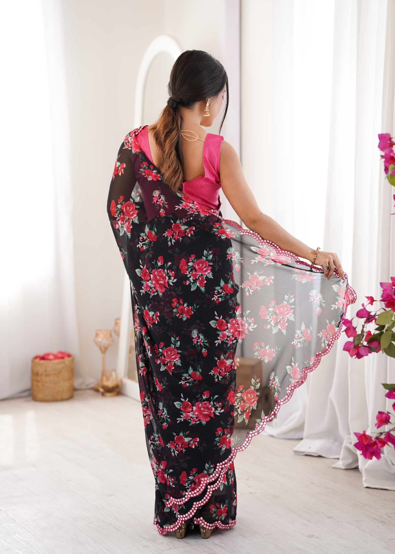 Black Floral Printed Georgette Party Saree — alternate view