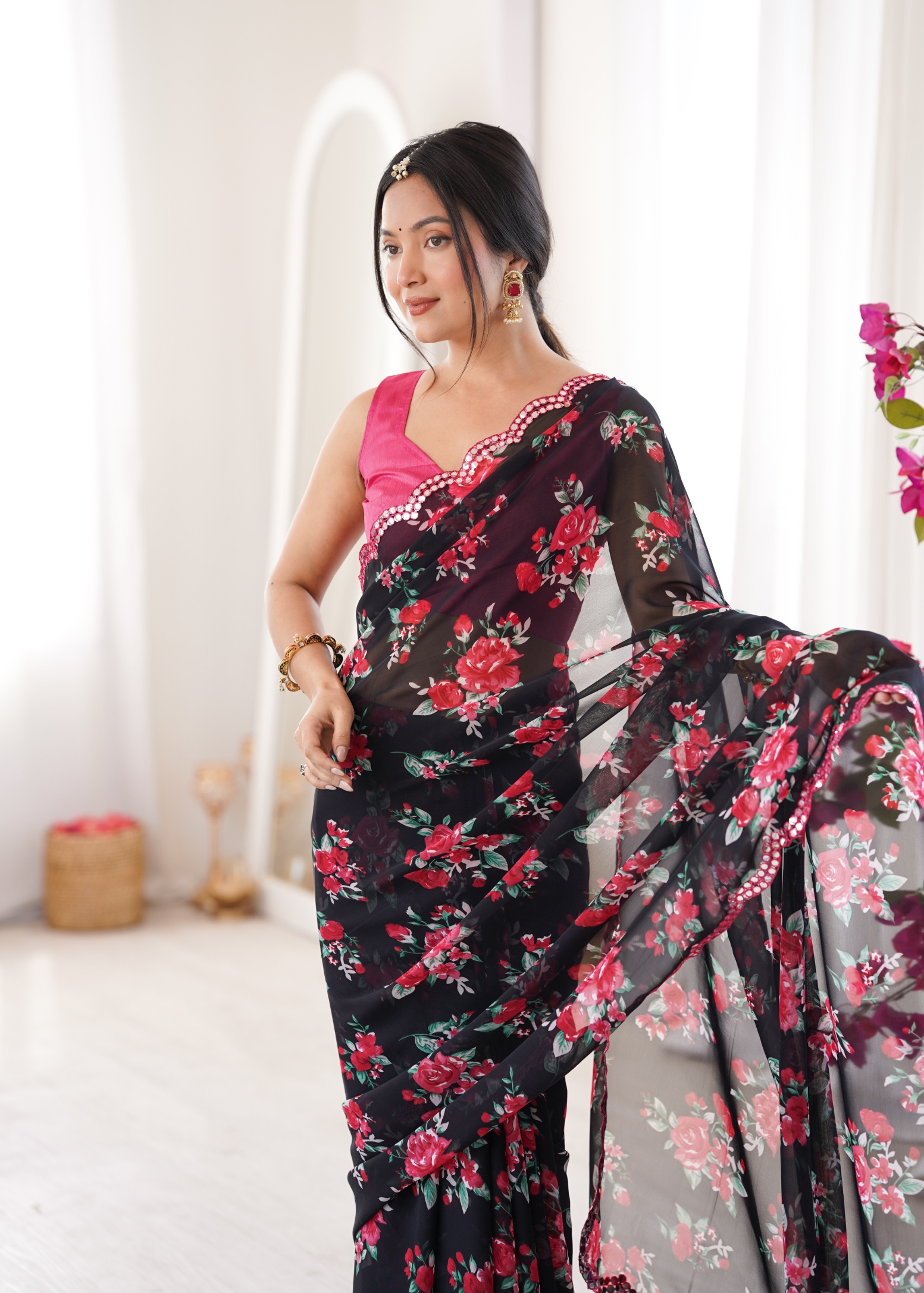 Black Floral Printed Georgette Party Saree