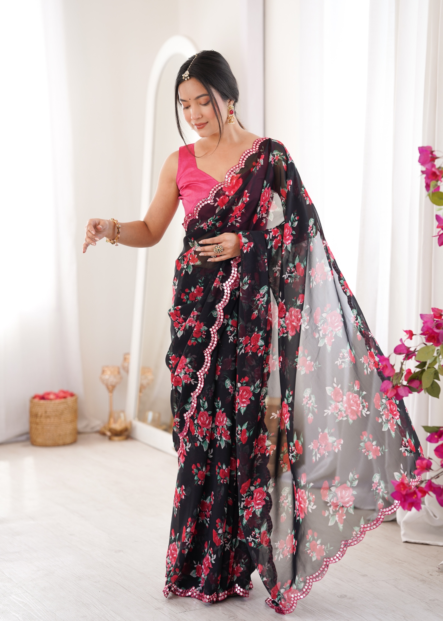 Black Floral Printed Georgette Party Saree