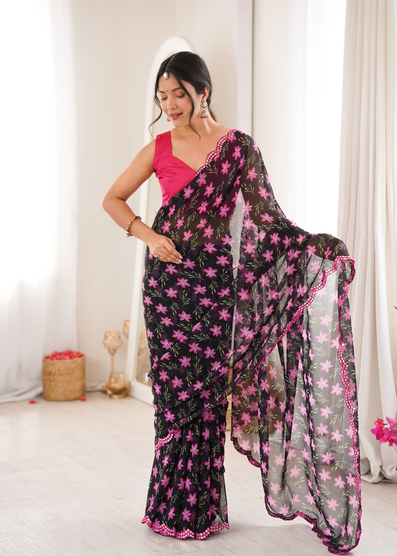 Black Floral Printed Georgette Saree
