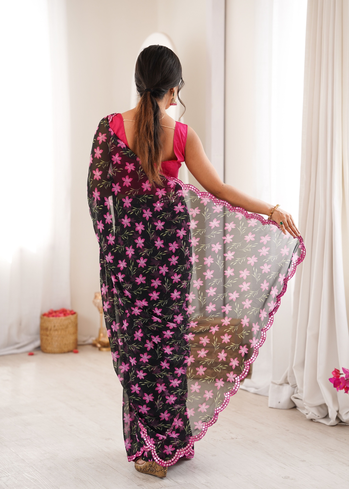 Black Floral Printed Georgette Saree — alternate view