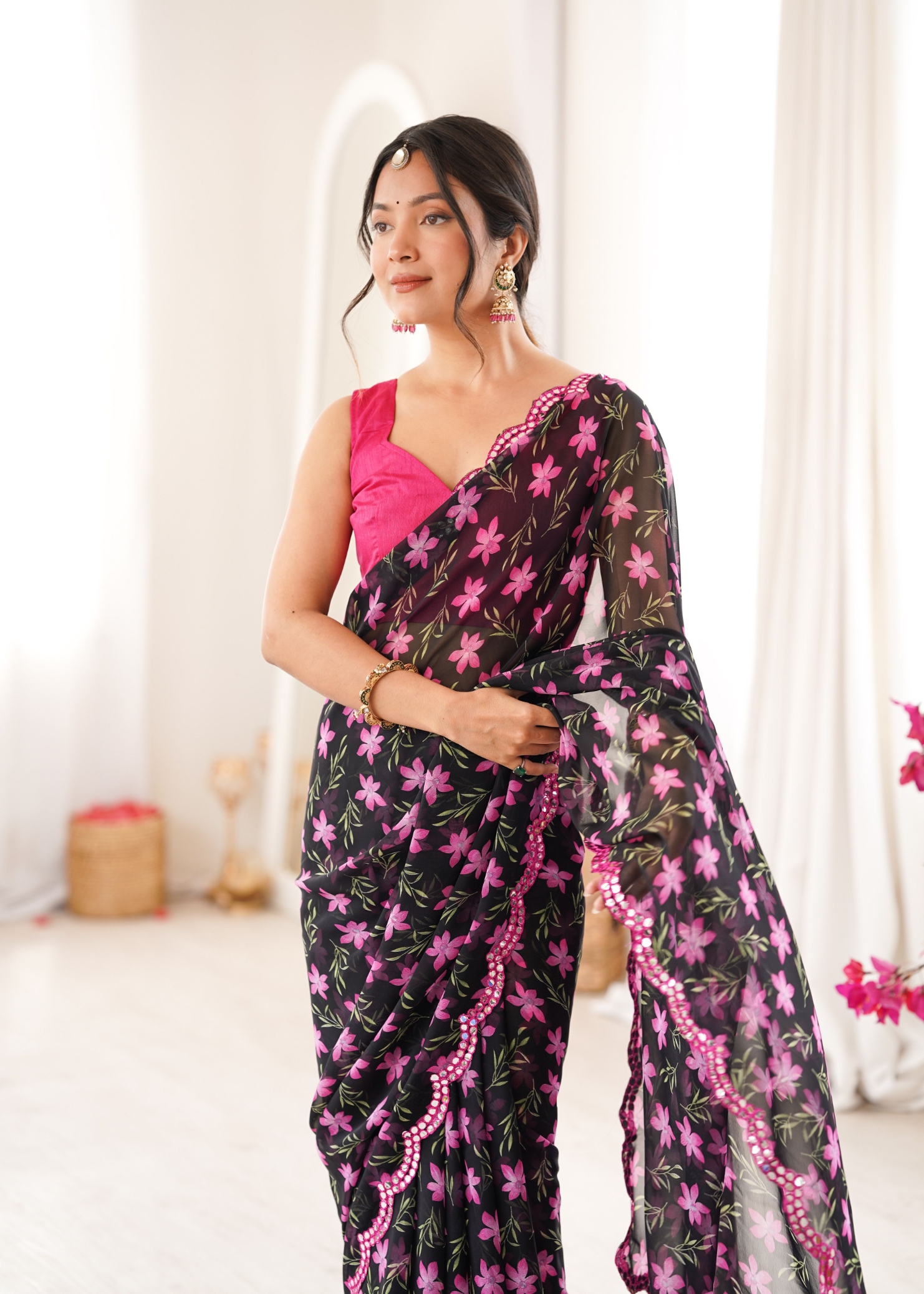 Black Floral Printed Georgette Saree
