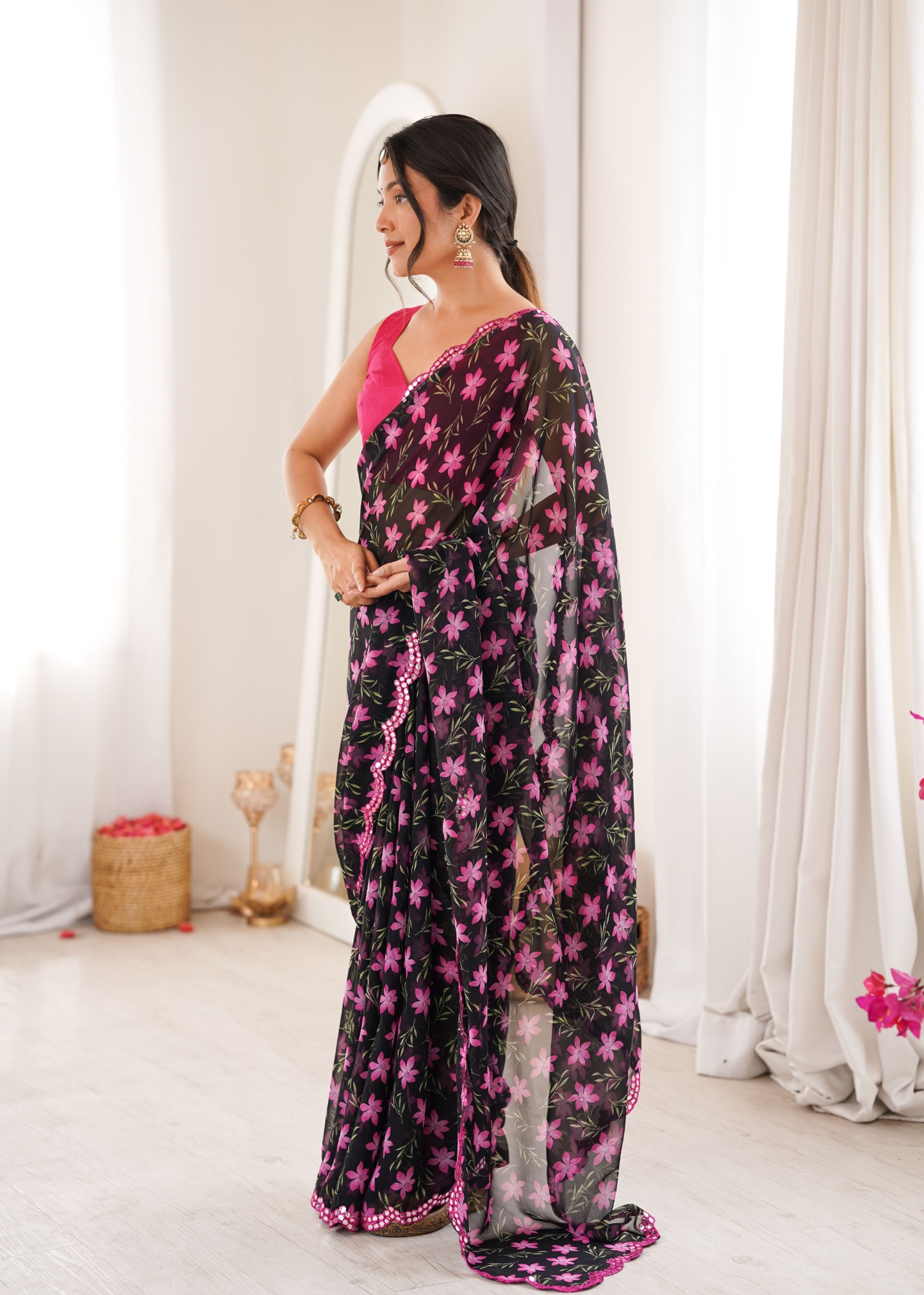 Black Floral Printed Georgette Saree