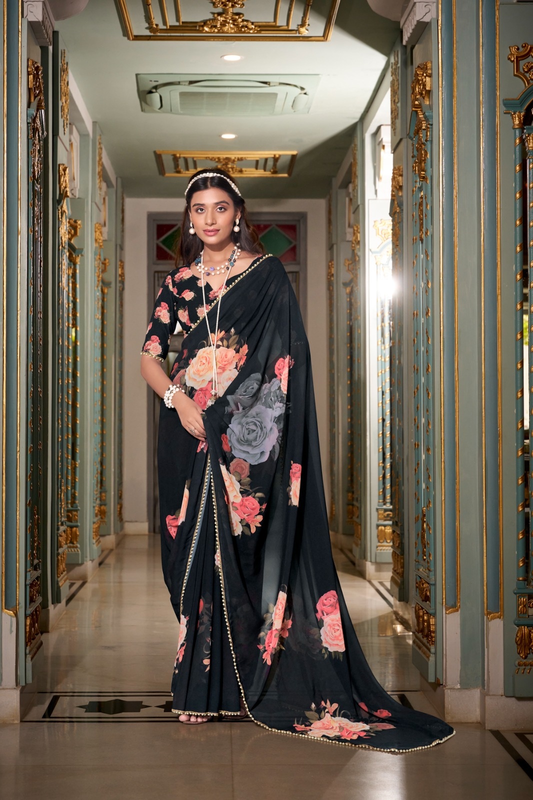 Black Floral Printed Georgette Saree