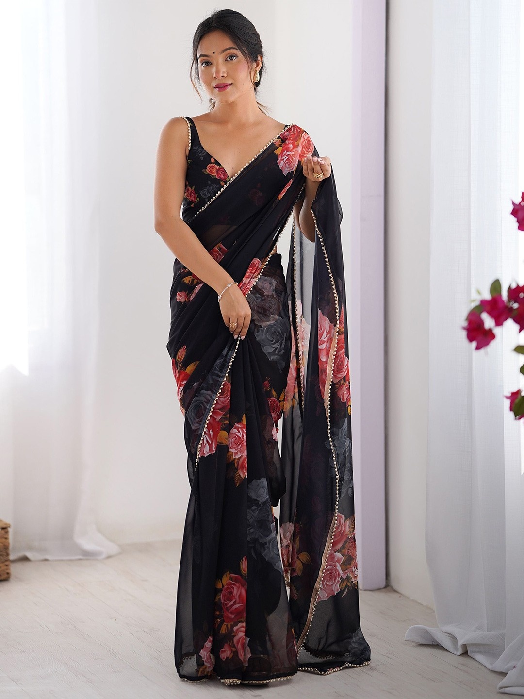 Black Floral Printed Georgette Saree