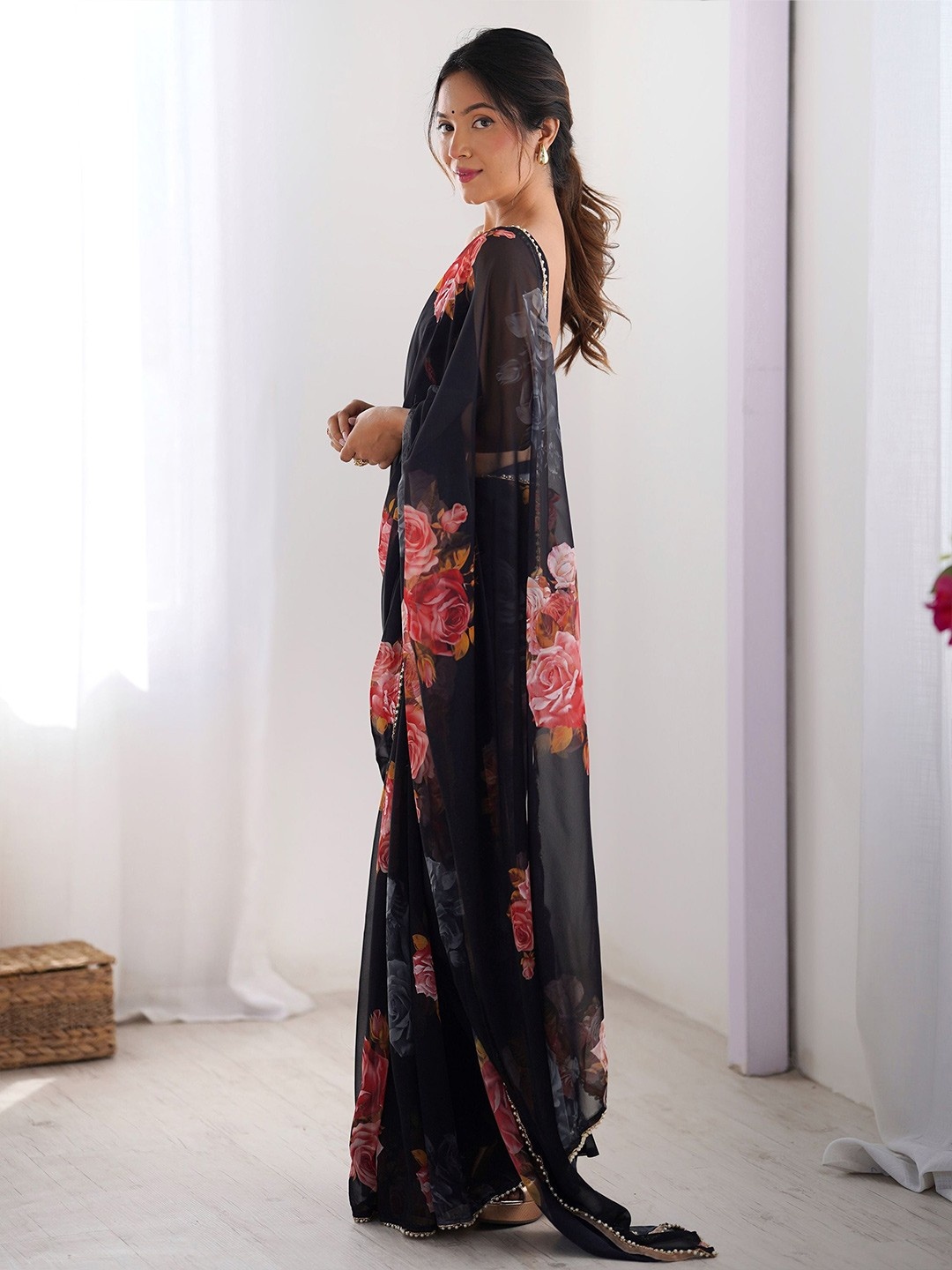 Black Floral Printed Georgette Saree — alternate view