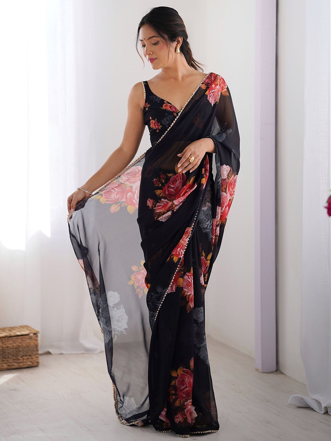 Black Floral Printed Georgette Saree
