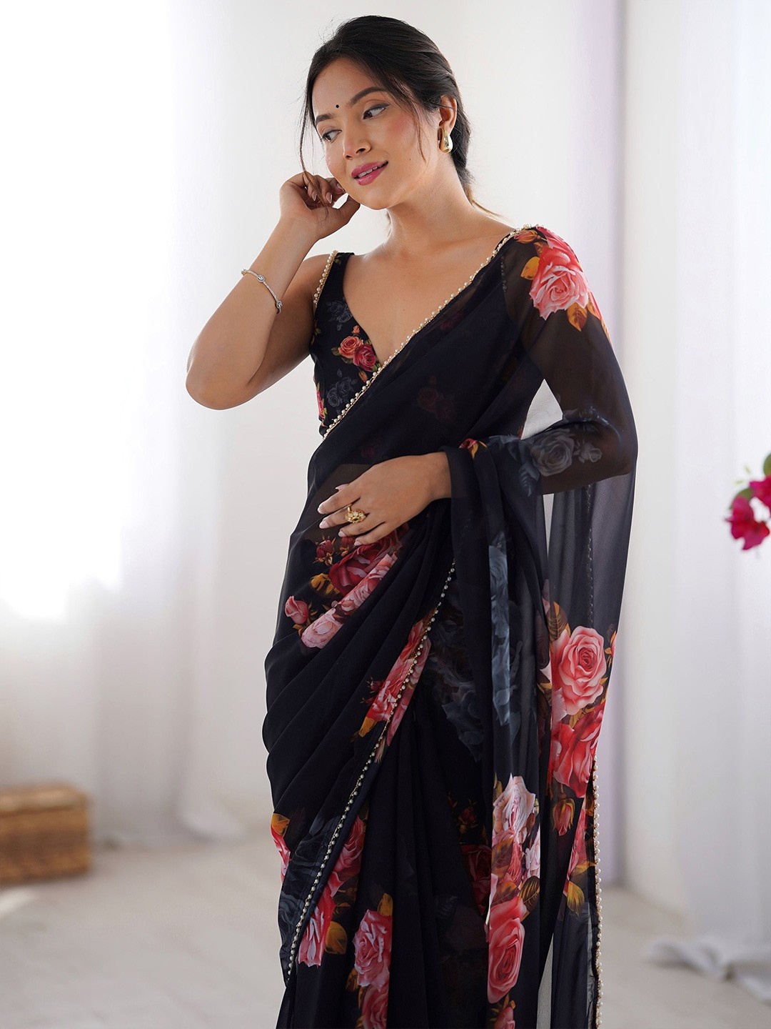 Black Floral Printed Georgette Saree