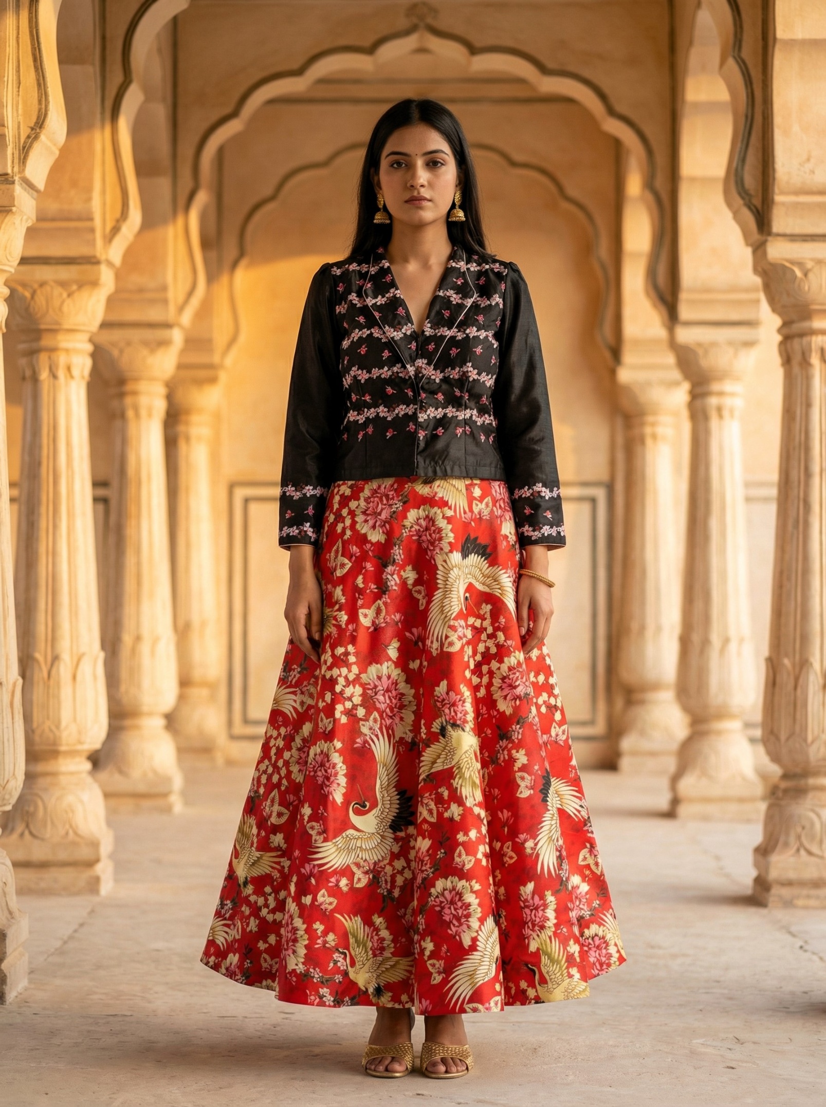 Black Floral Printed Jacket Style Lehenga Choli