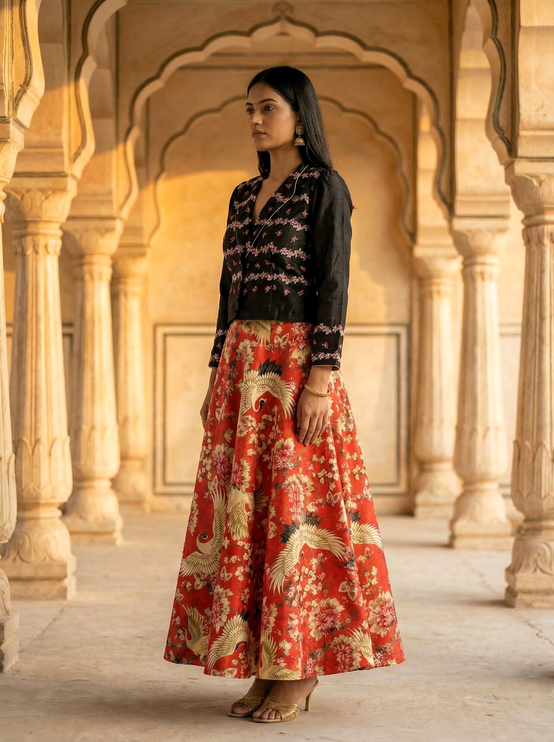 Black Floral Printed Jacket Style Lehenga Choli