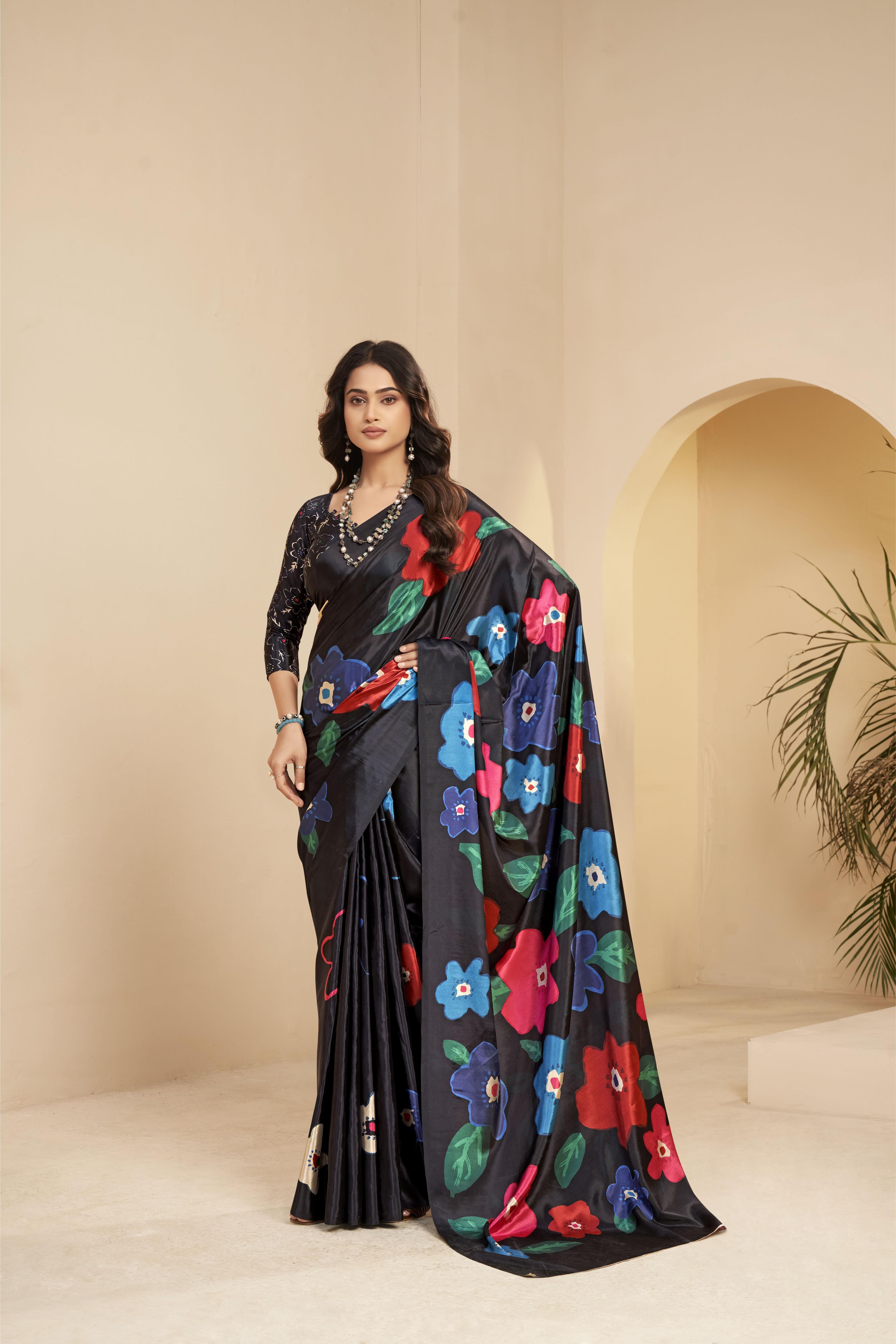Black Floral Printed Malai Crepe Silk Saree