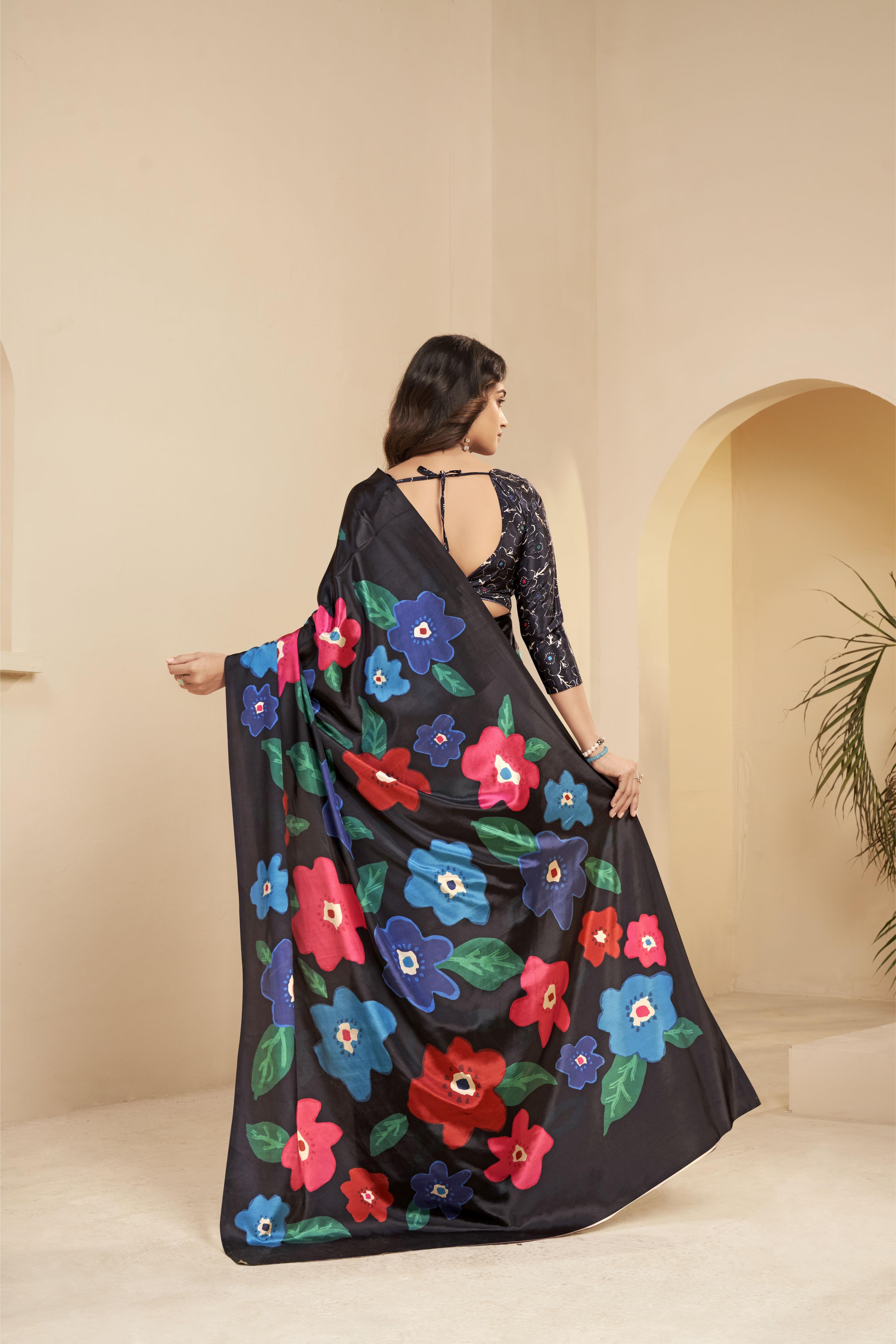 Black Floral Printed Malai Crepe Silk Saree — alternate view