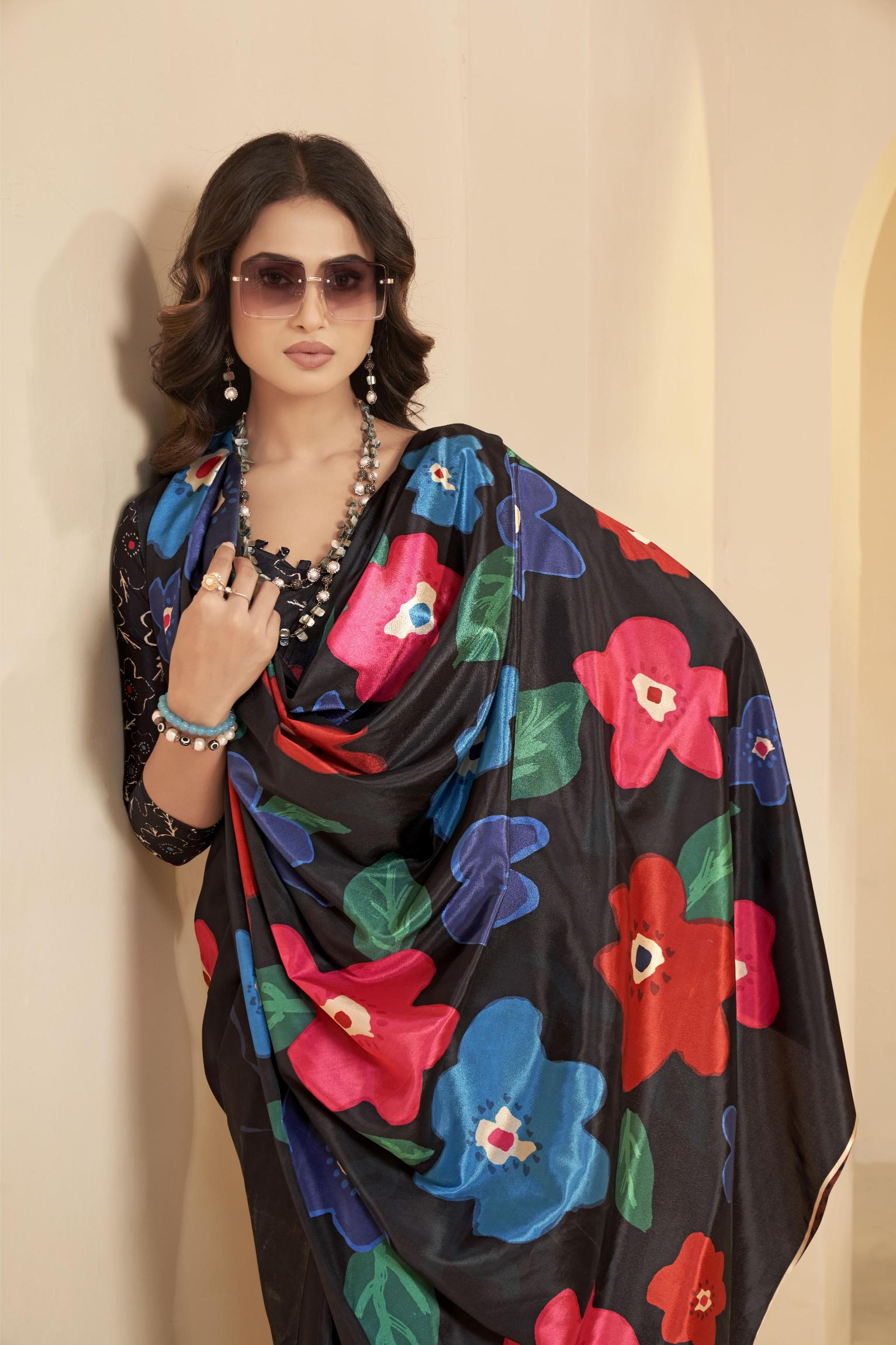 Black Floral Printed Malai Crepe Silk Saree