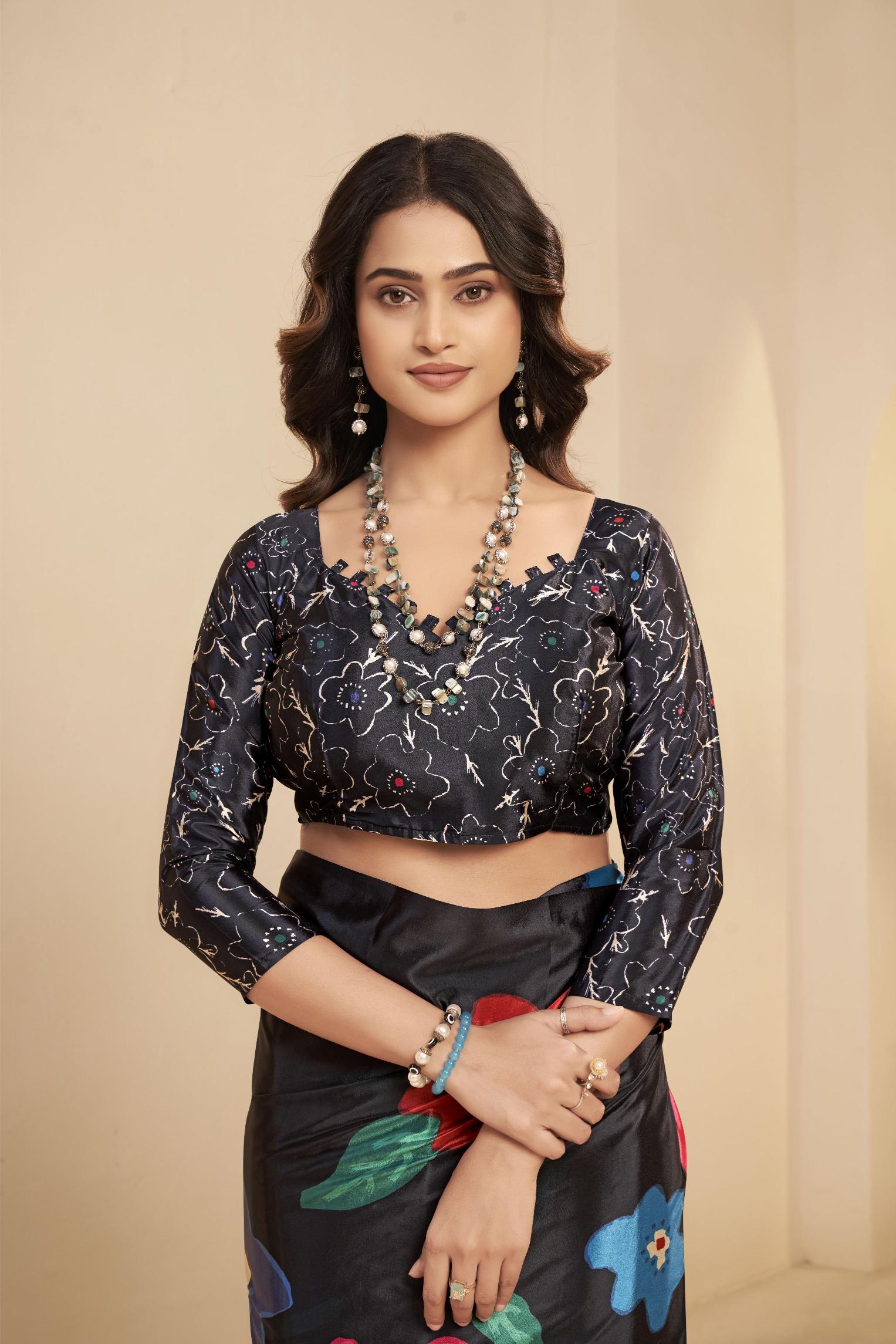 Black Floral Printed Malai Crepe Silk Saree