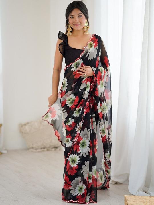 Black Floral Printed Mirror Cut Work Georgette Saree