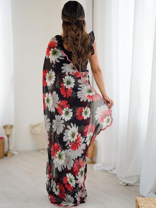 Black Floral Printed Mirror Cut Work Georgette Saree — alternate view
