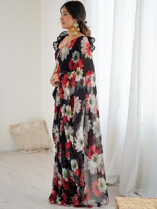 Black Floral Printed Mirror Cut Work Georgette Saree