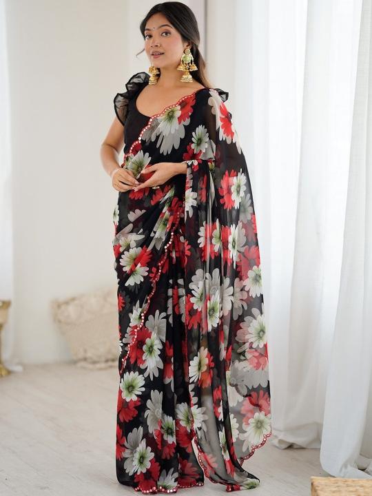 Black Floral Printed Mirror Cut Work Georgette Saree