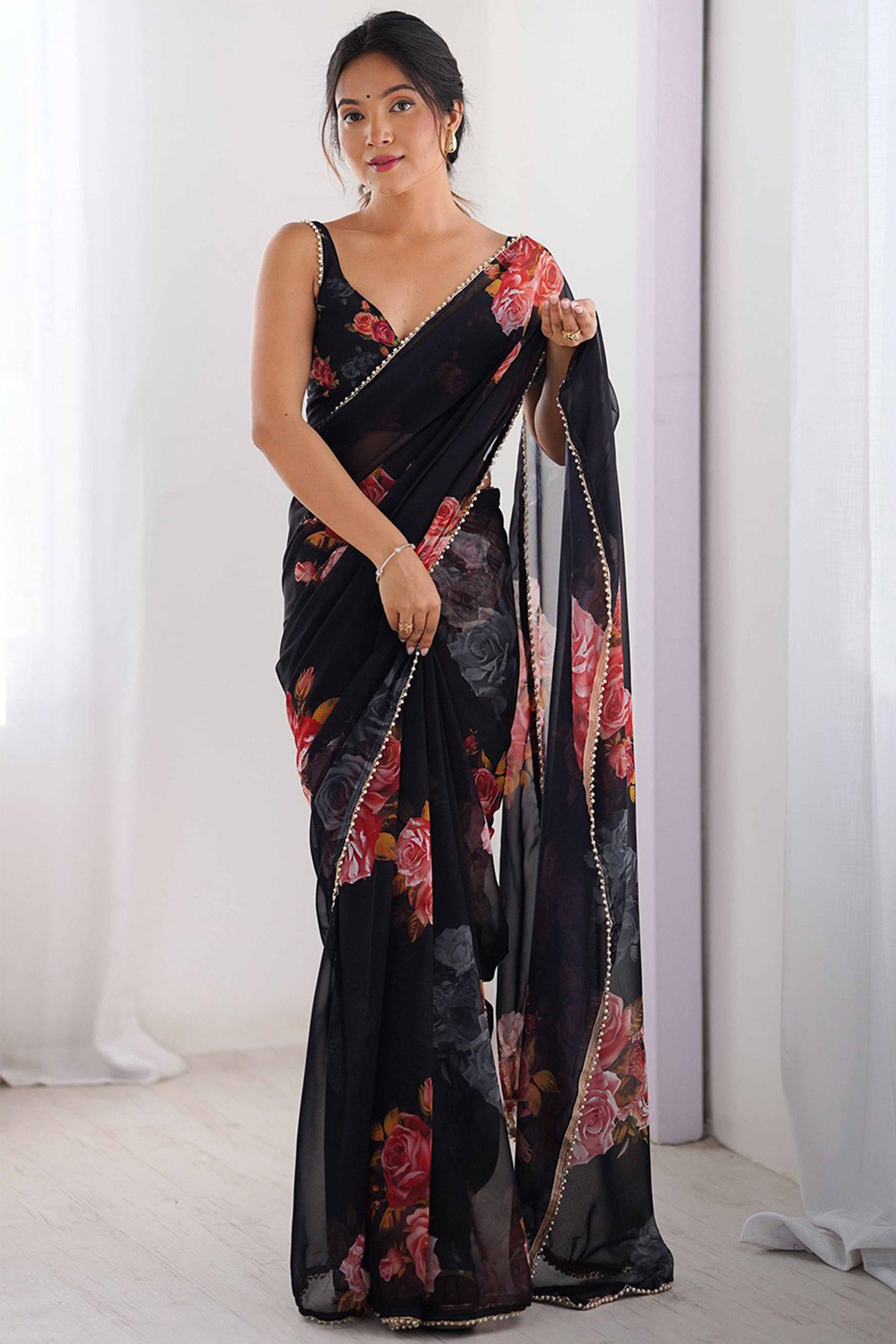 Black Floral Printed Moti Lace Work Georgette Saree