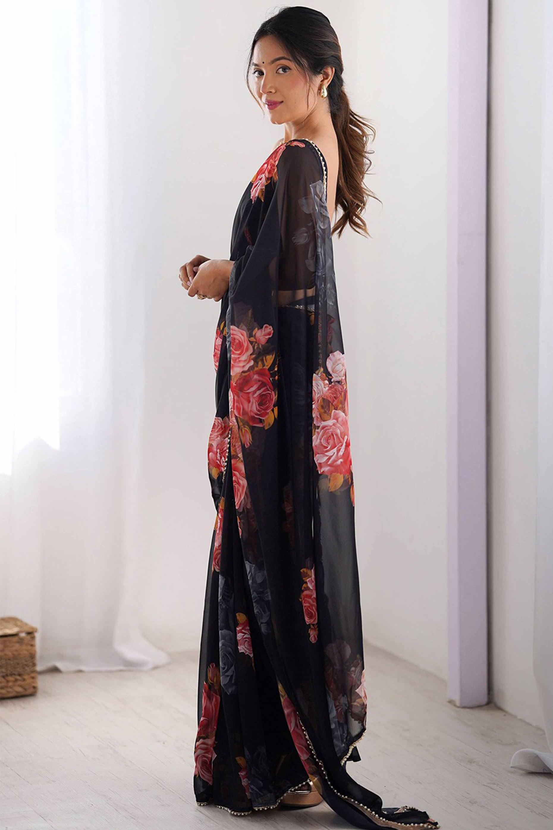 Black Floral Printed Moti Lace Work Georgette Saree — alternate view