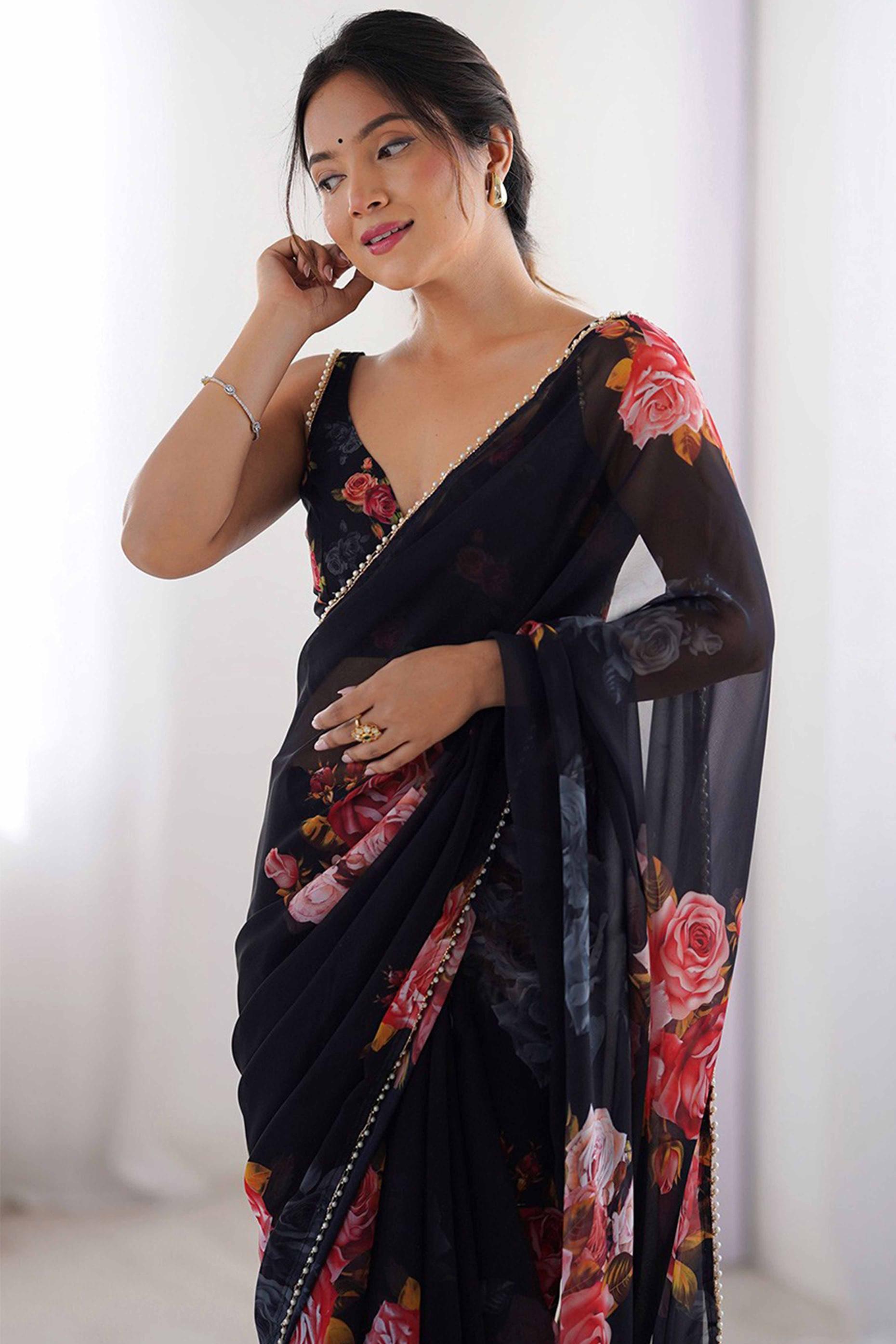 Black Floral Printed Moti Lace Work Georgette Saree