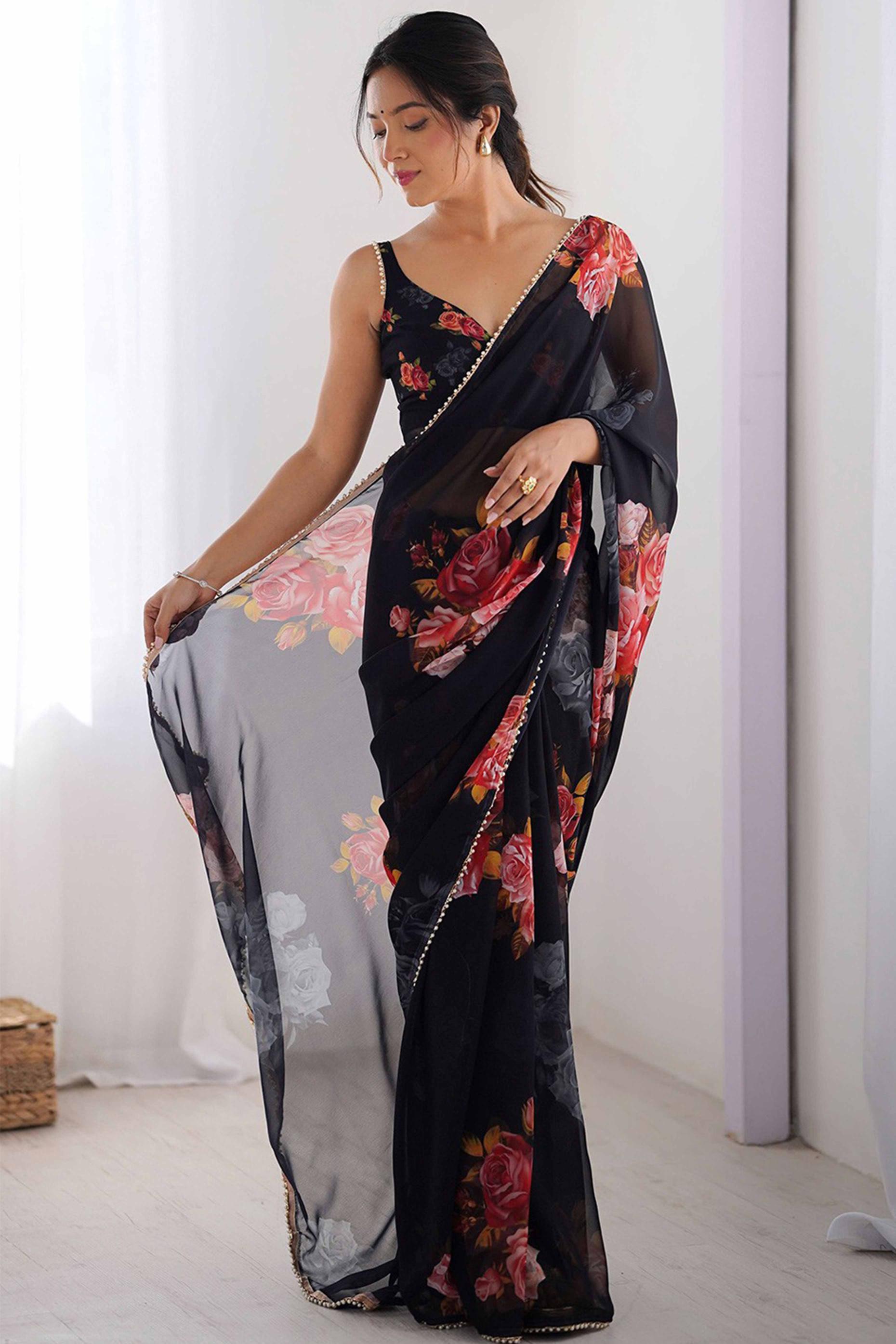 Black Floral Printed Moti Lace Work Georgette Saree