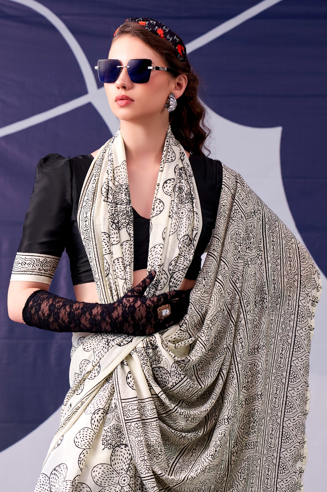 Black Floral Printed Satin Silk Saree — alternate view