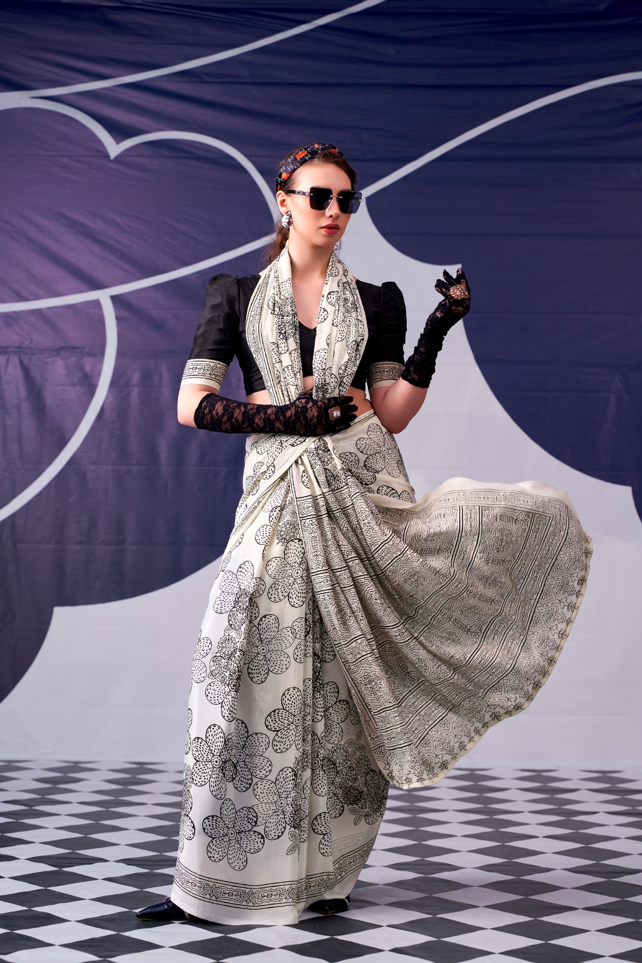 Black Floral Printed Satin Silk Saree
