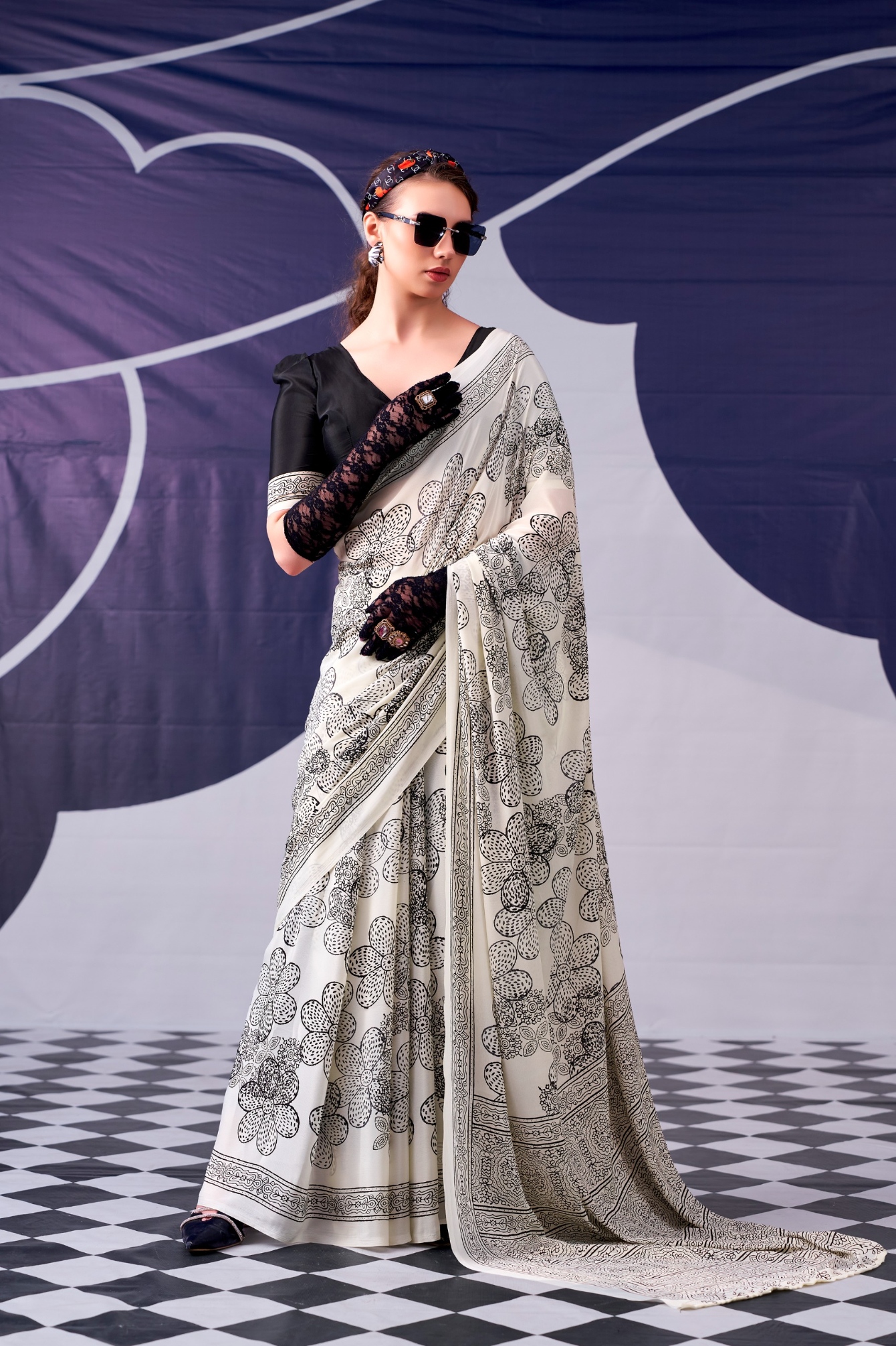 Black Floral Printed Satin Silk Saree