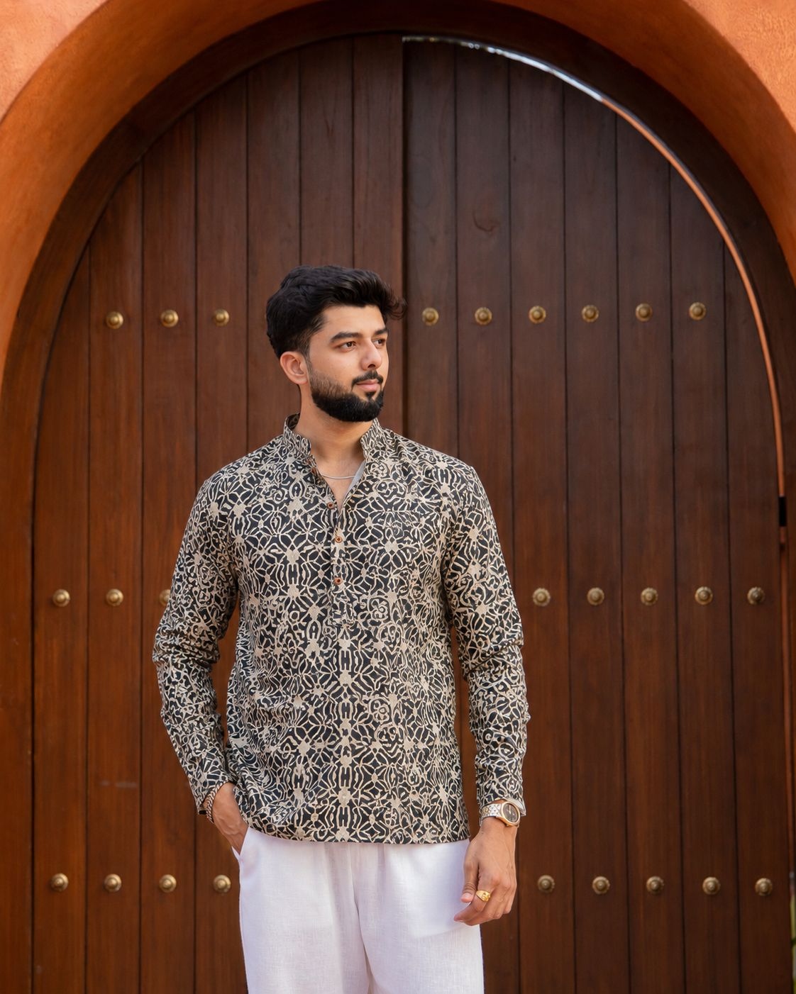Black Floral Printed Swiss Linen Short Kurta