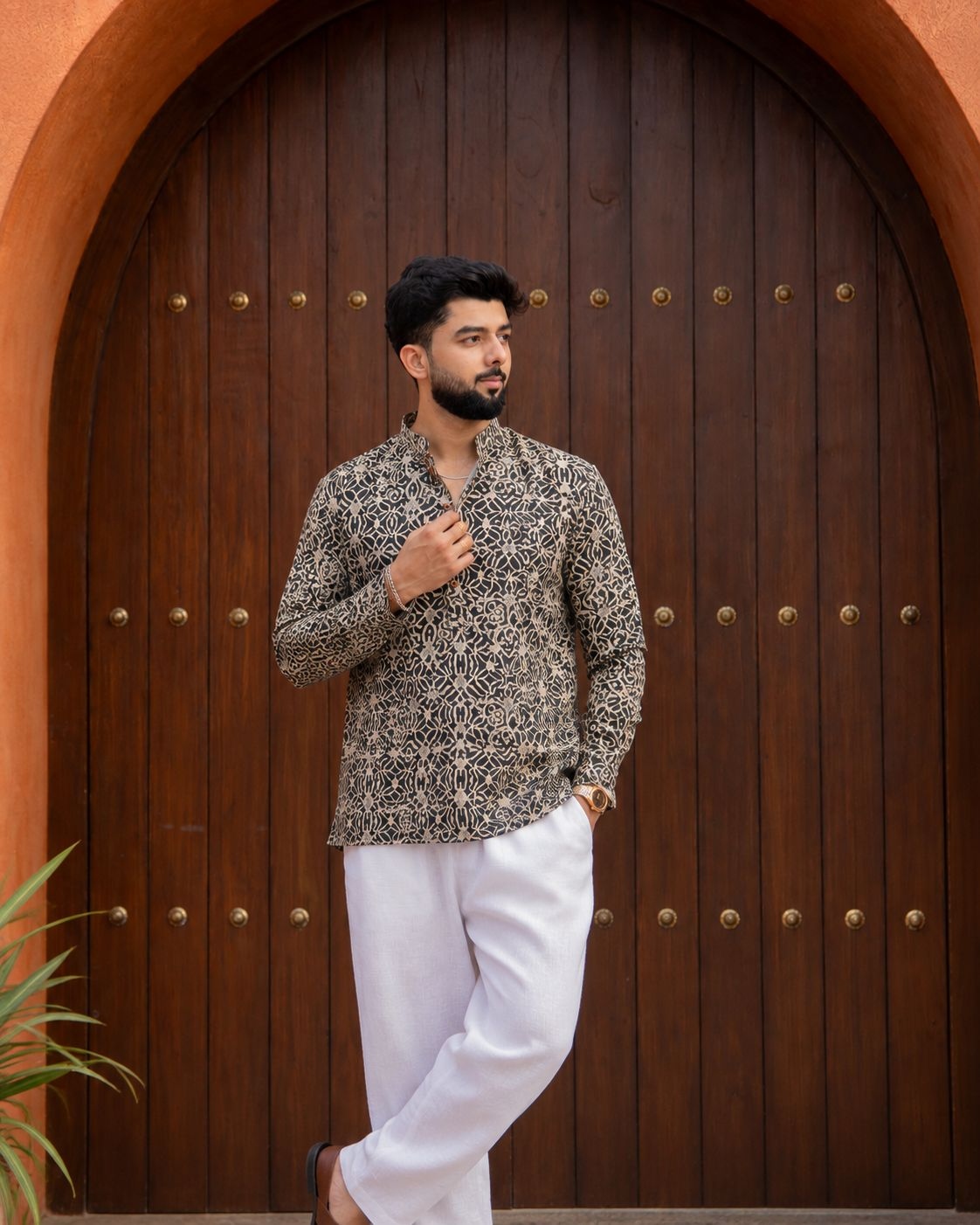 Black Floral Printed Swiss Linen Short Kurta