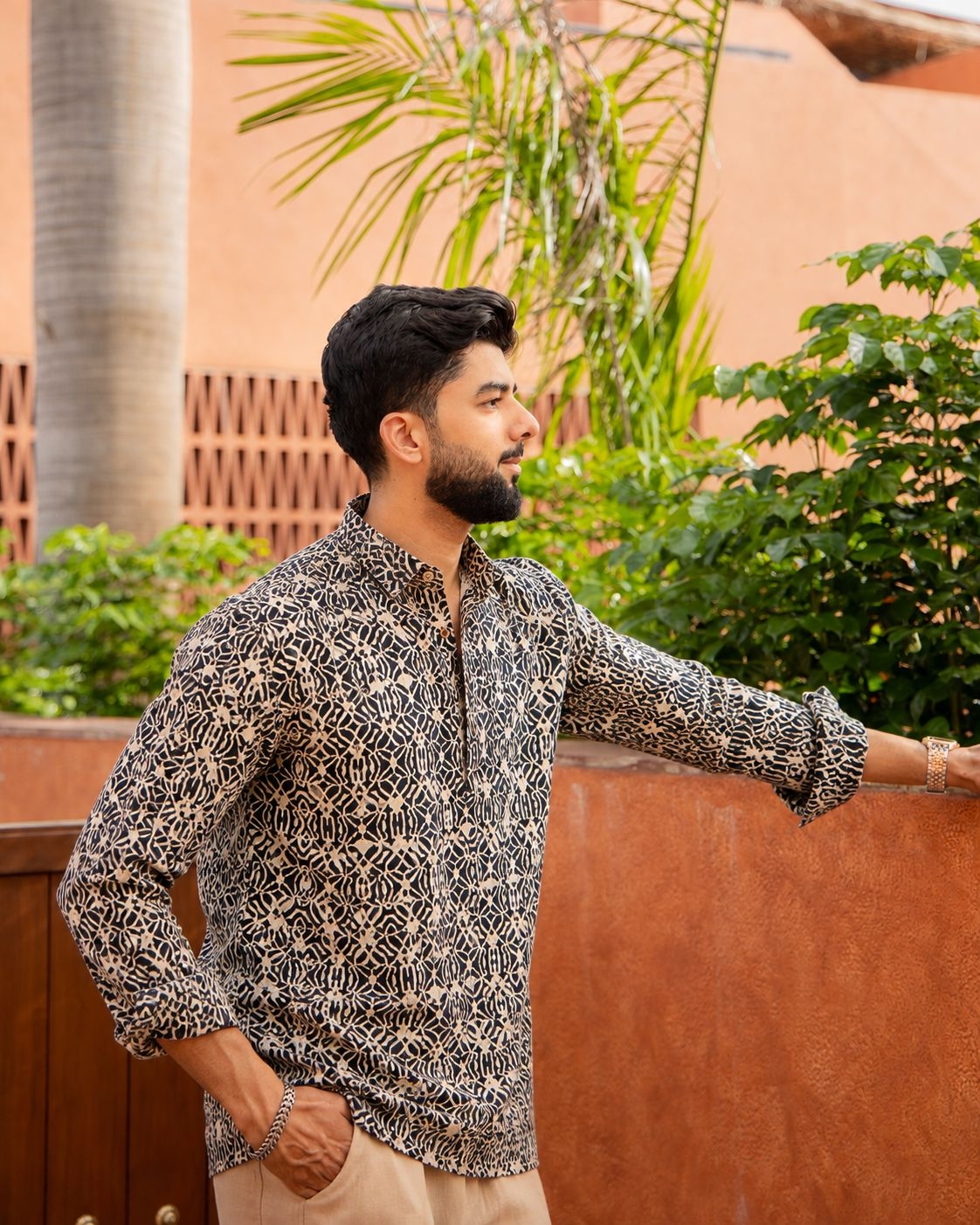 Black Floral Printed Swiss Linen Short Kurta
