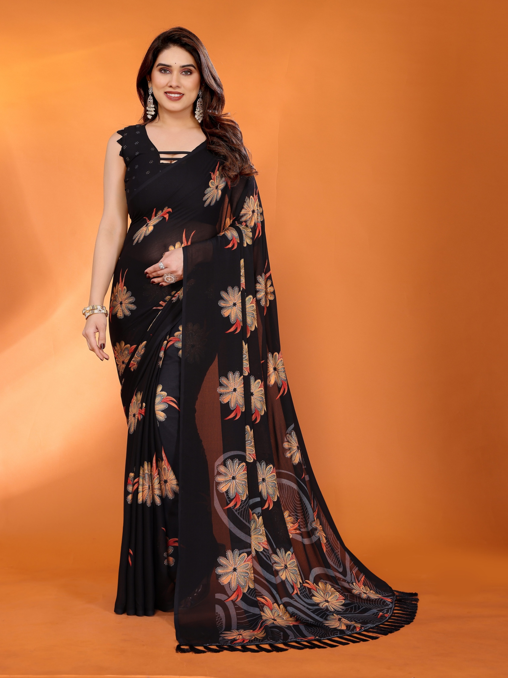 Black Floral Printed Work Bright Moss Satin Saree