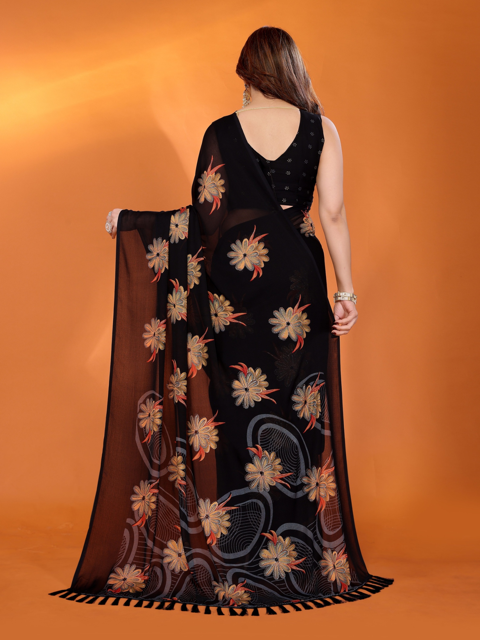 Black Floral Printed Work Bright Moss Satin Saree