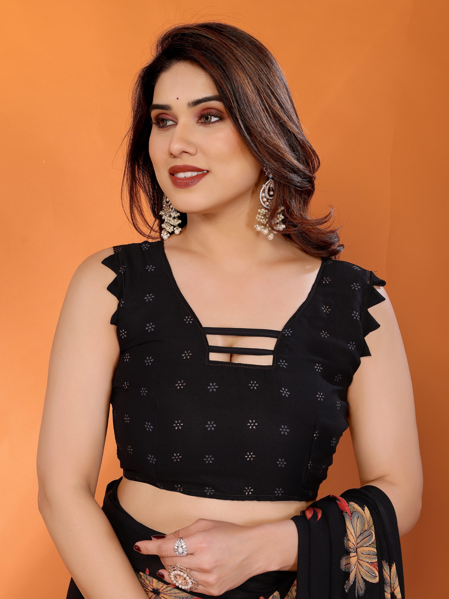 Black Floral Printed Work Bright Moss Satin Saree