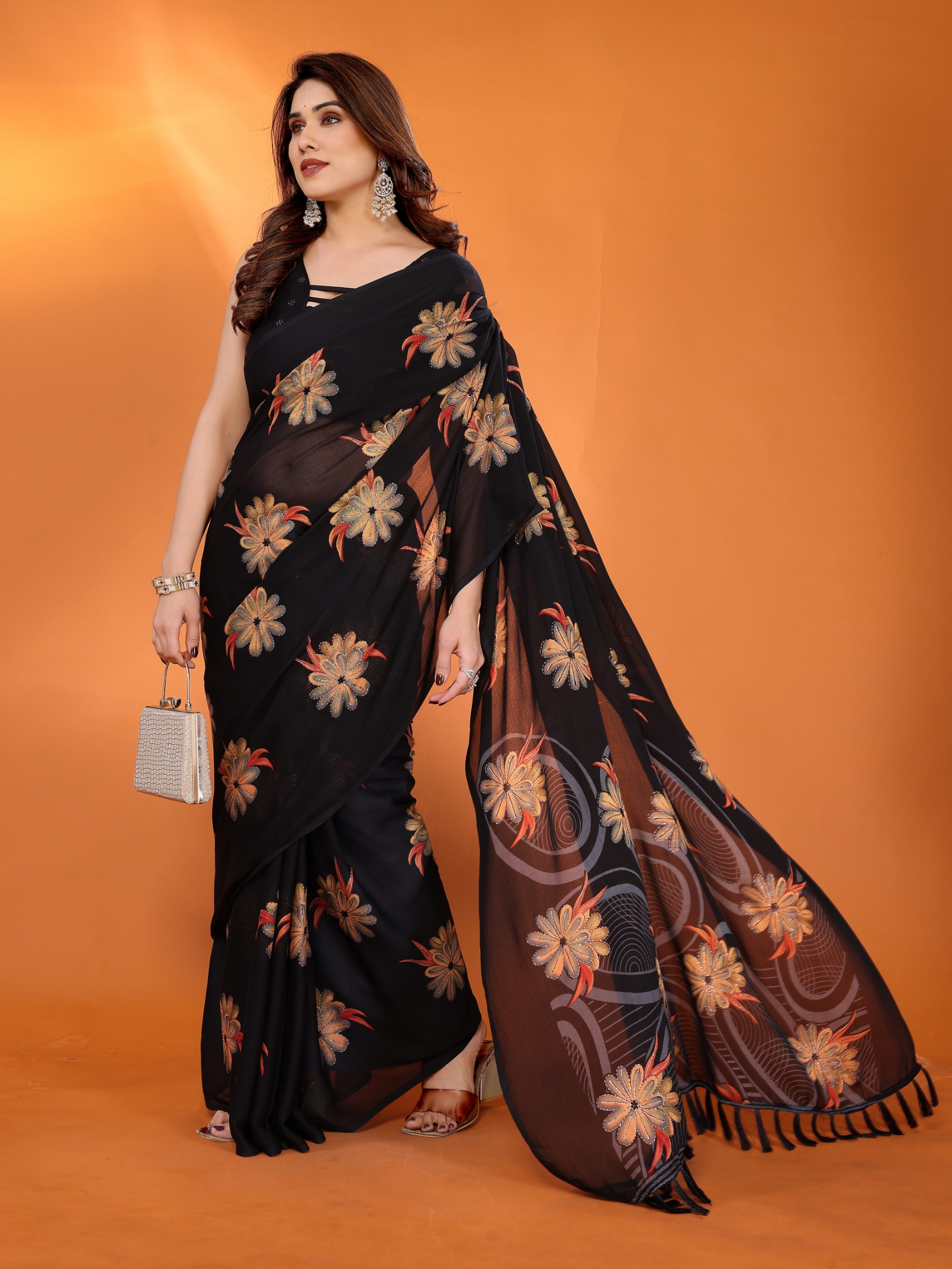Black Floral Printed Work Bright Moss Satin Saree