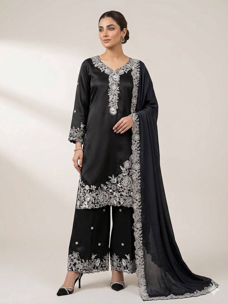 Black Floral Sequins French Crepe Palazzo Suit