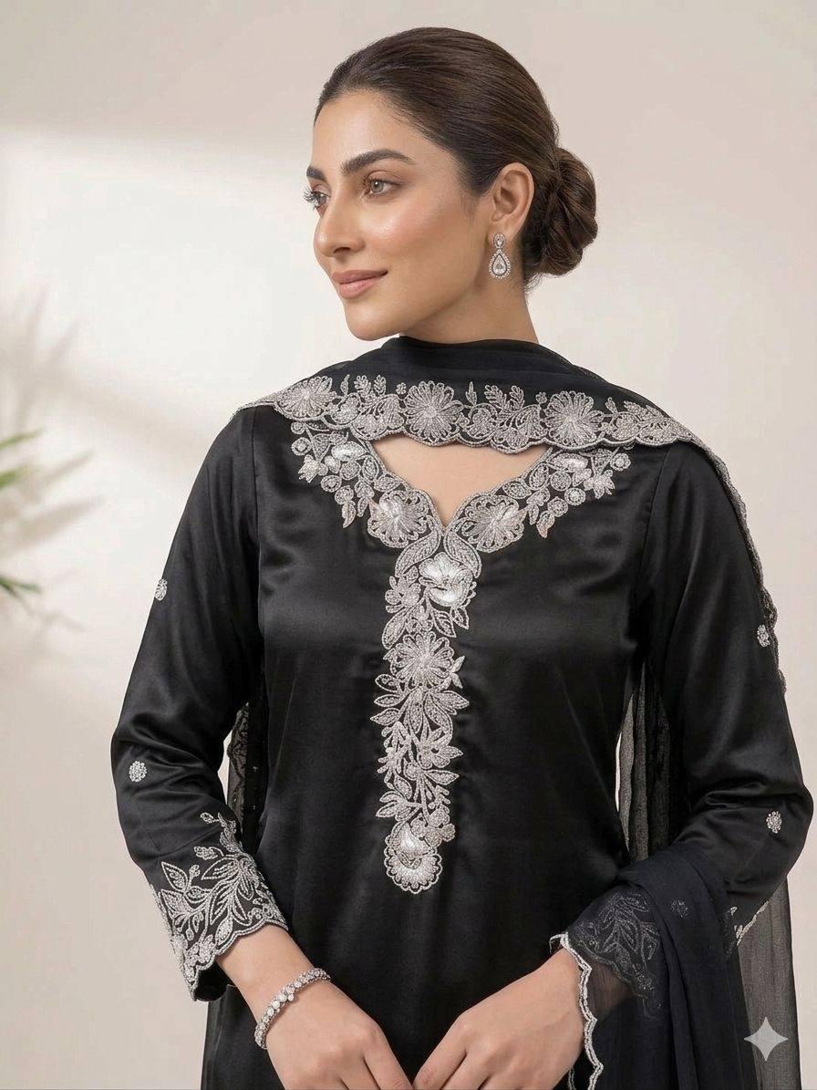 Black Floral Sequins French Crepe Palazzo Suit — alternate view