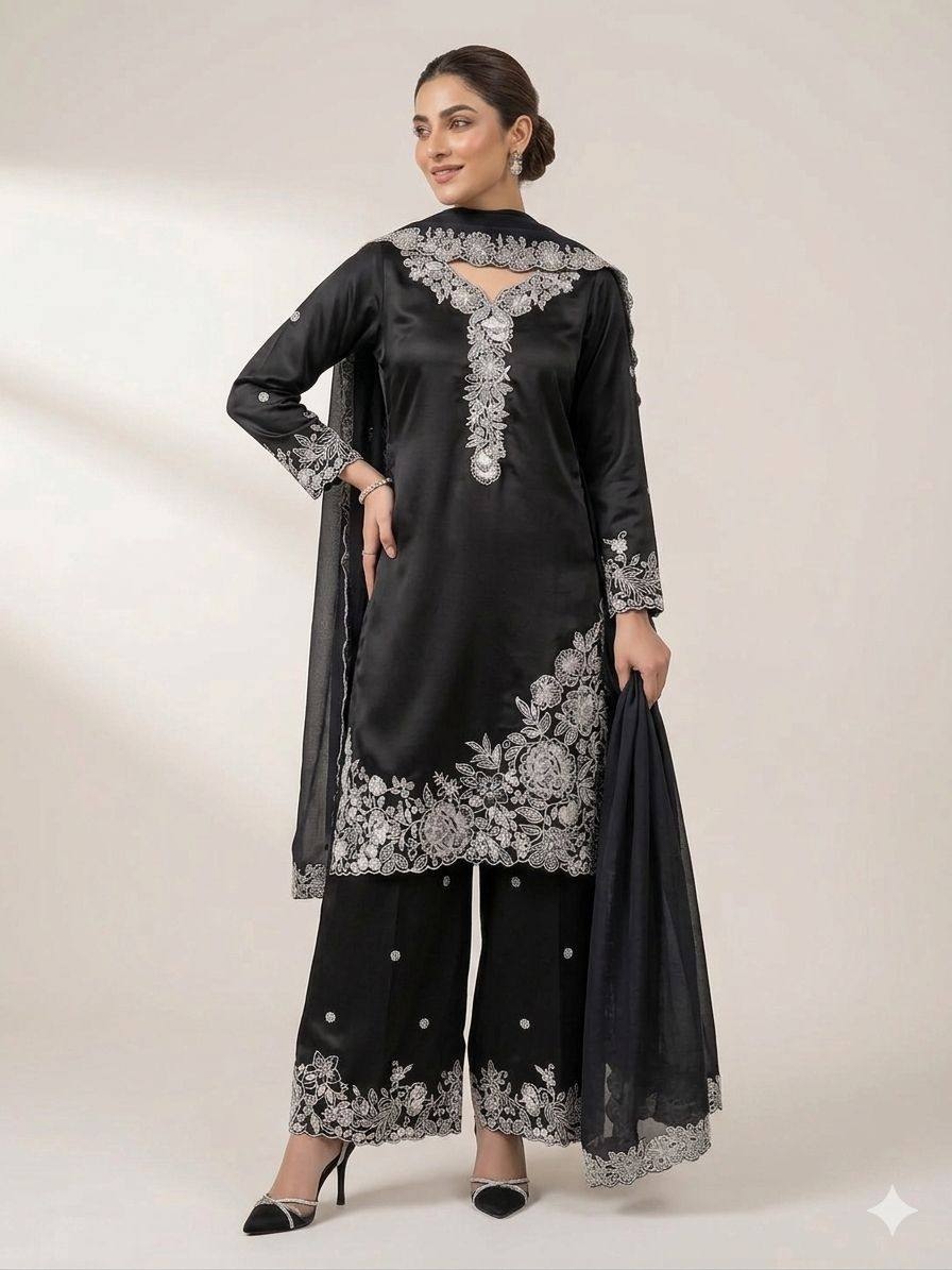 Black Floral Sequins French Crepe Palazzo Suit