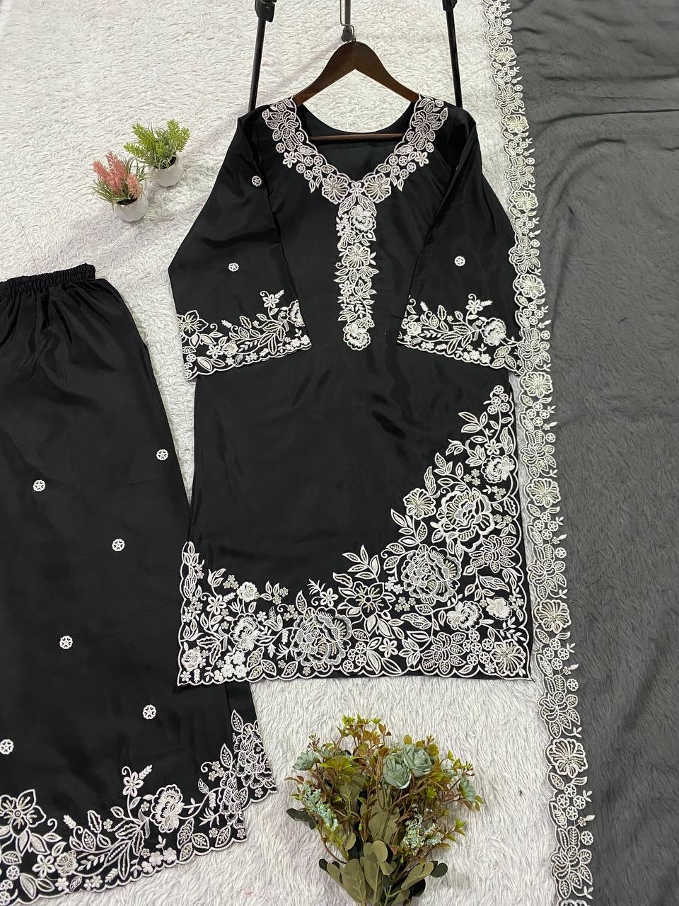Black Floral Sequins French Crepe Palazzo Suit