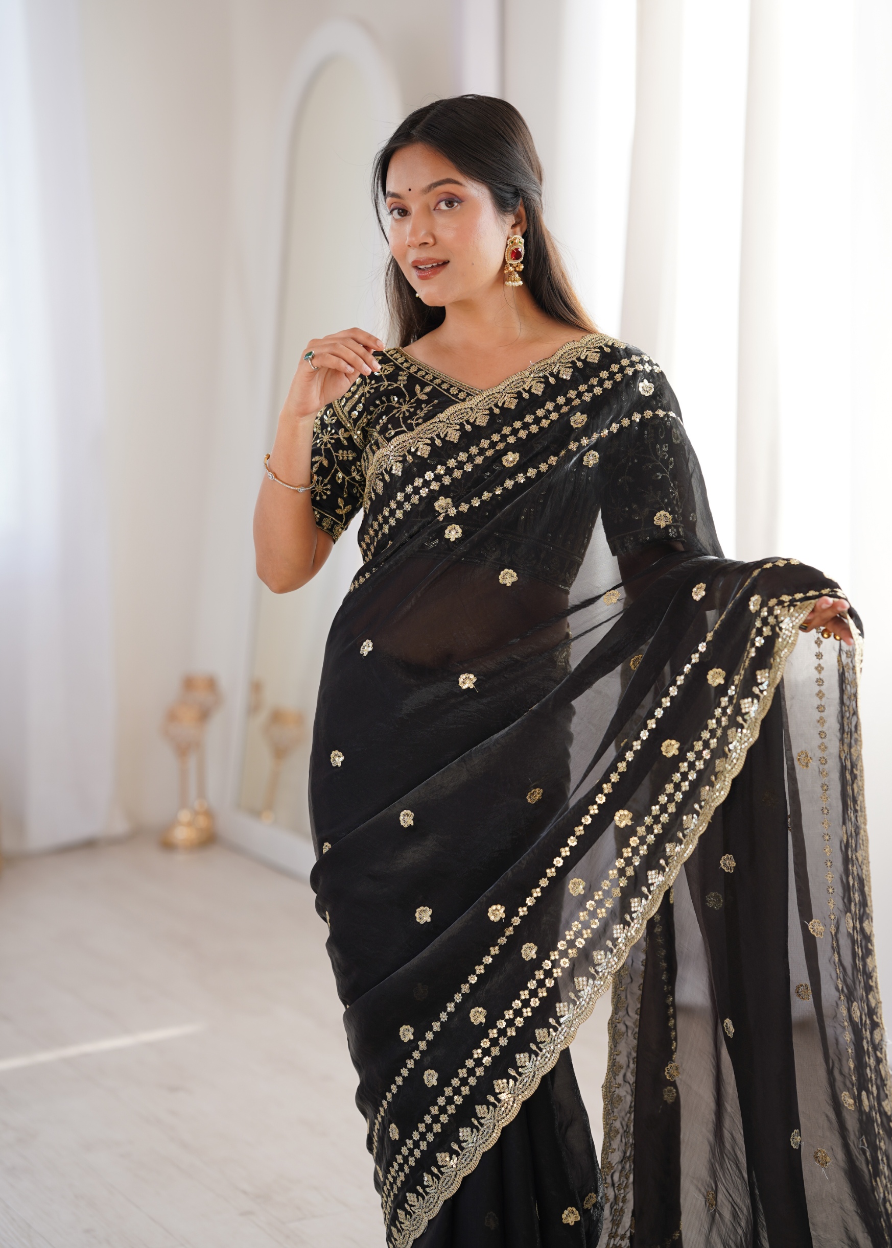 Black Floral Sequin Fendy Satin Saree