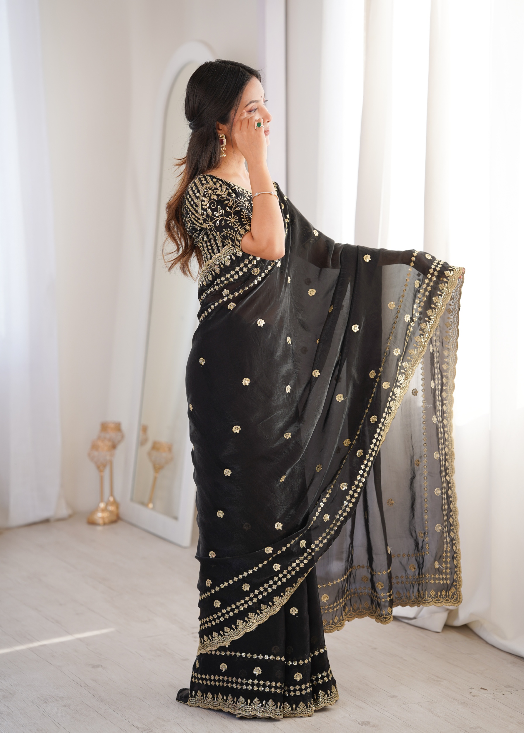 Black Floral Sequin Fendy Satin Saree