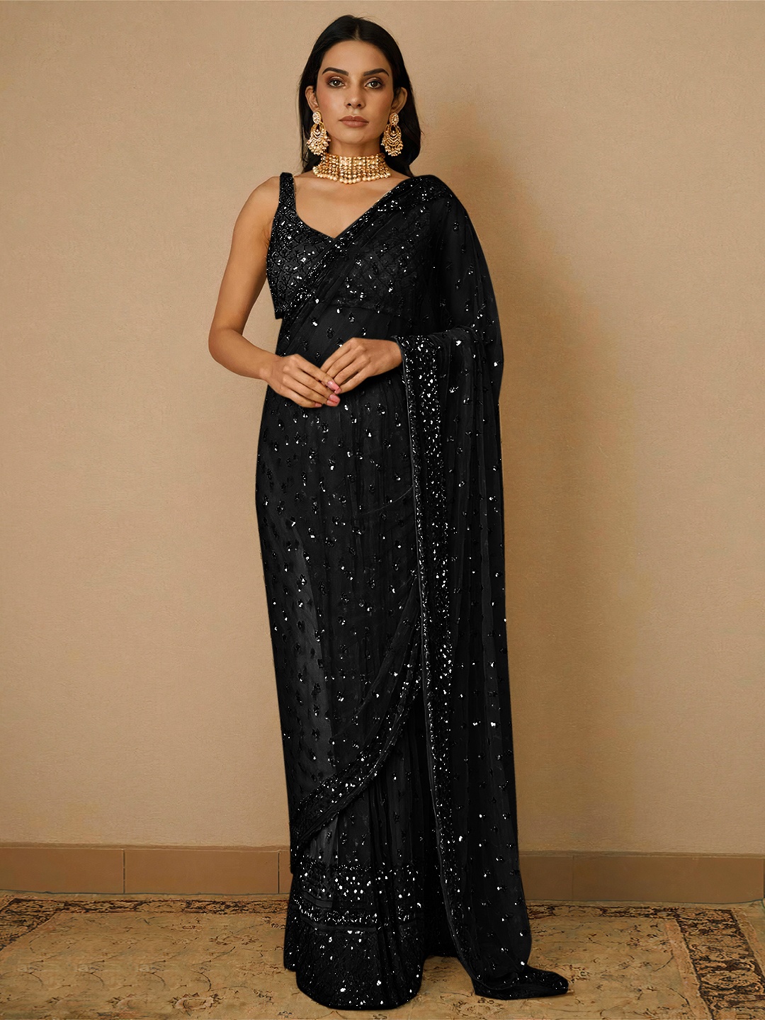 Black Floral Sequin Net Saree