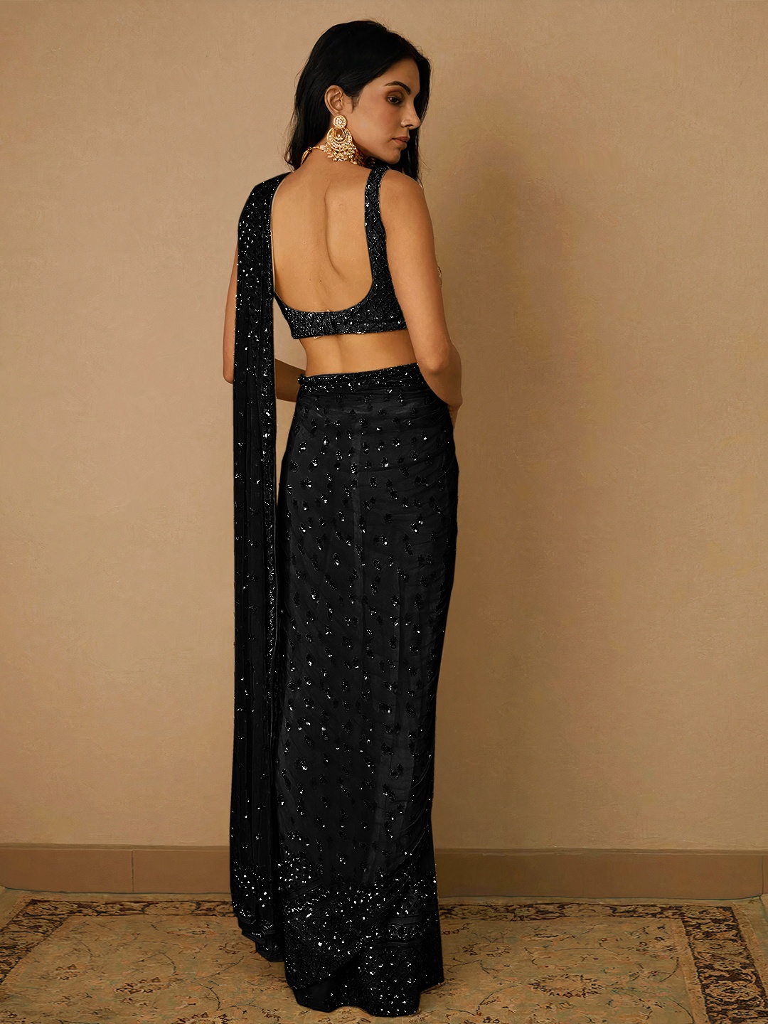 Black Floral Sequin Net Saree — alternate view