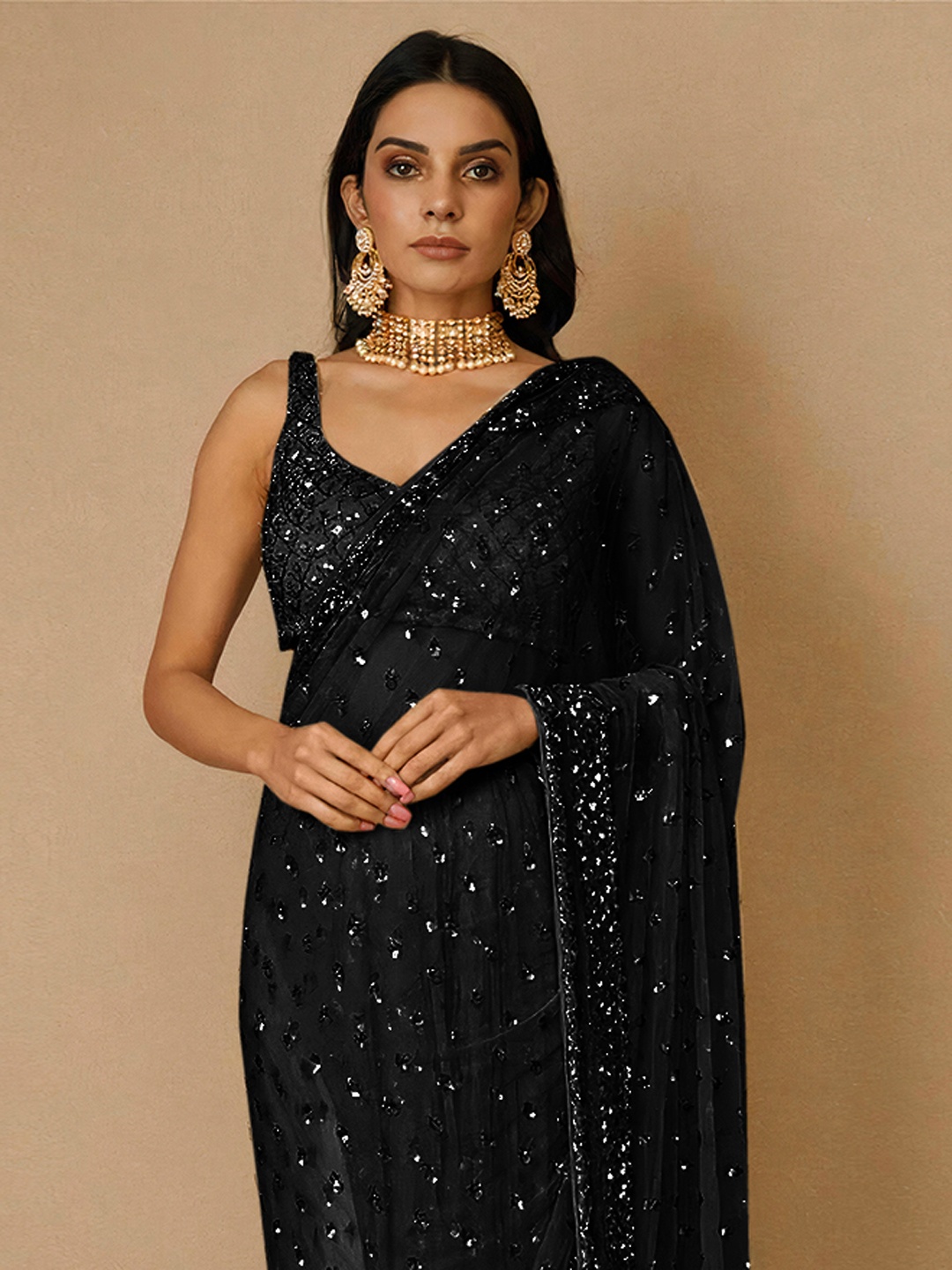 Black Floral Sequin Net Saree