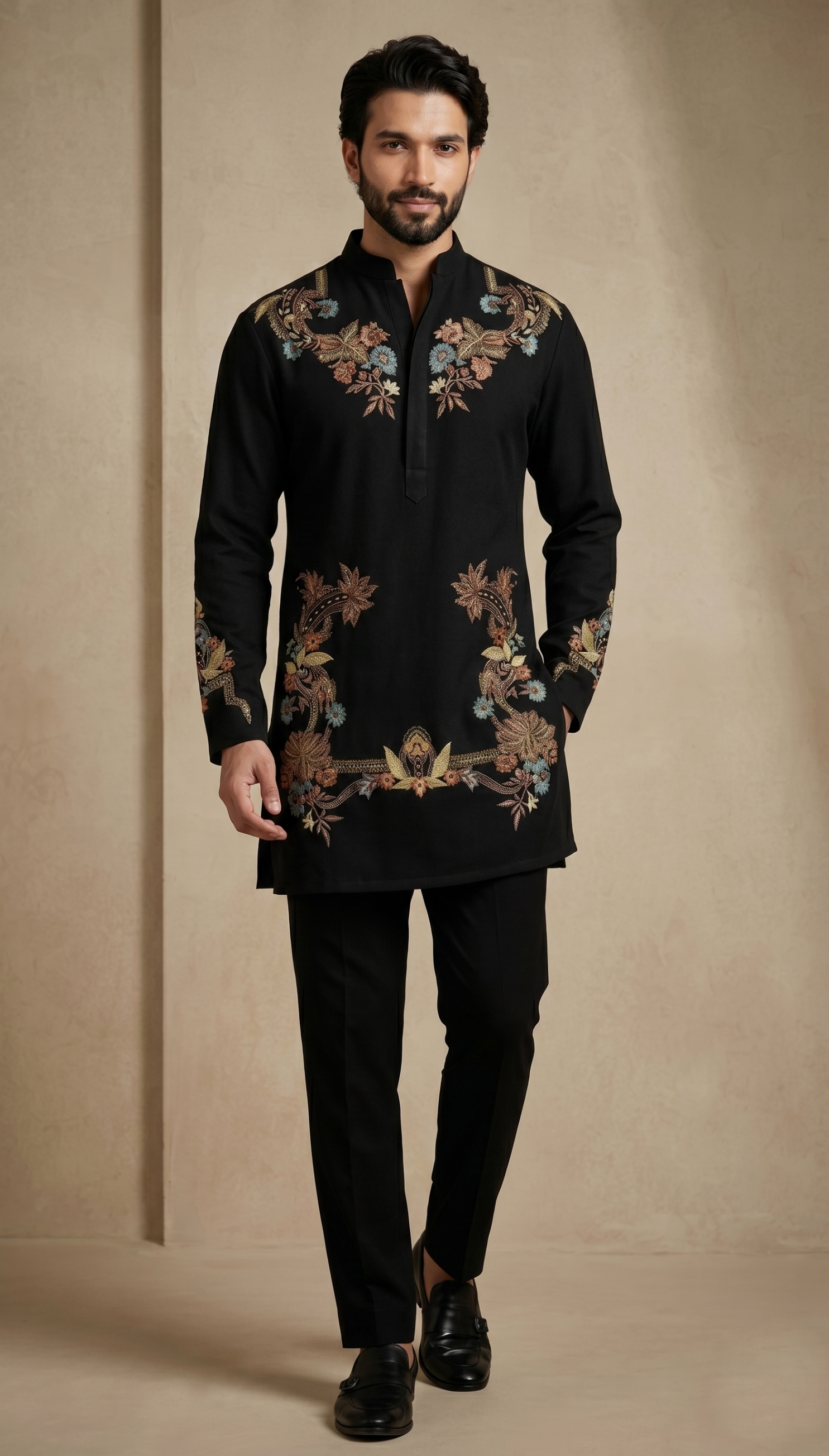 Black Floral Thread Embroidery Armani Kurta Pyjama