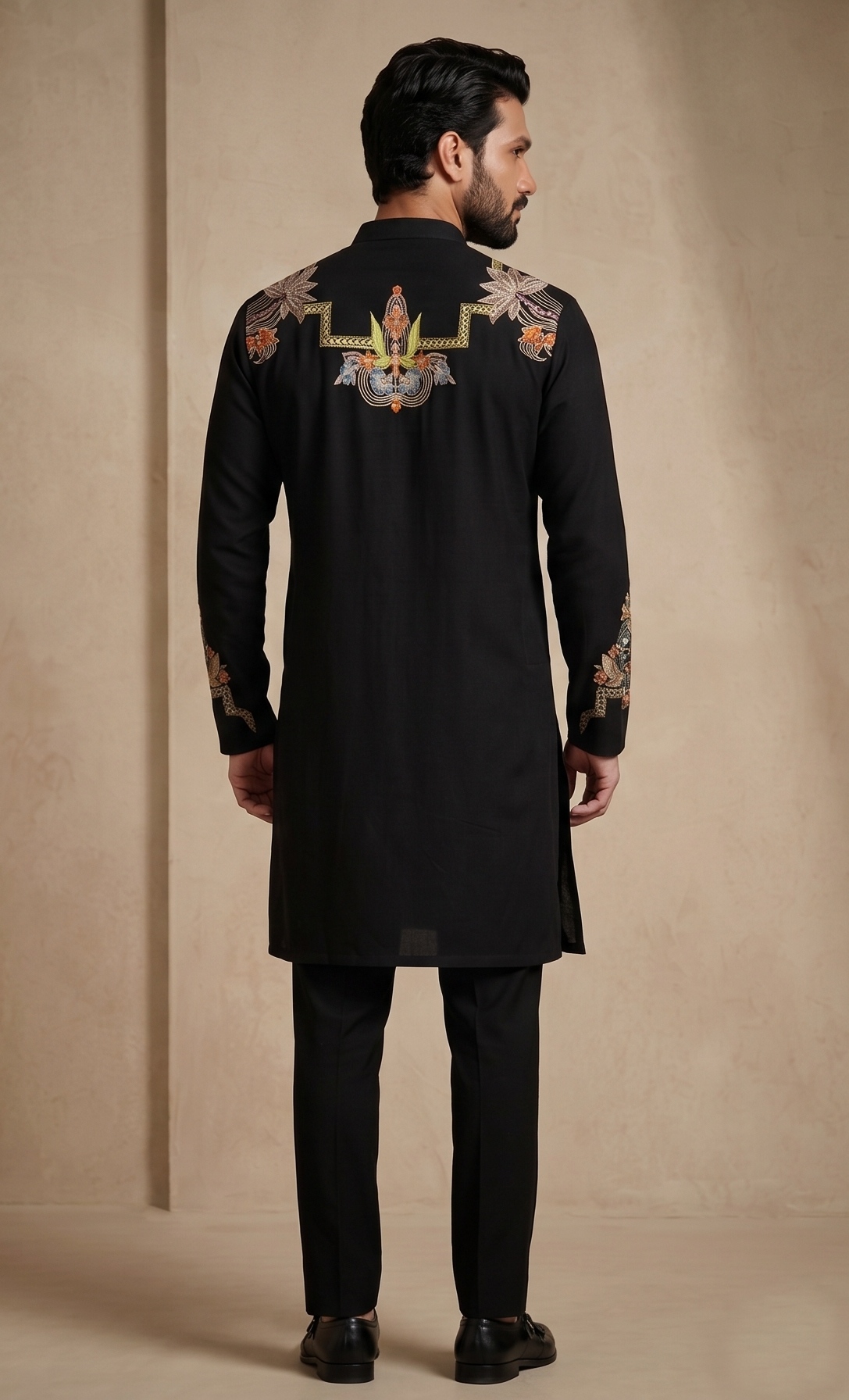 Black Floral Thread Embroidery Armani Kurta Pyjama — alternate view