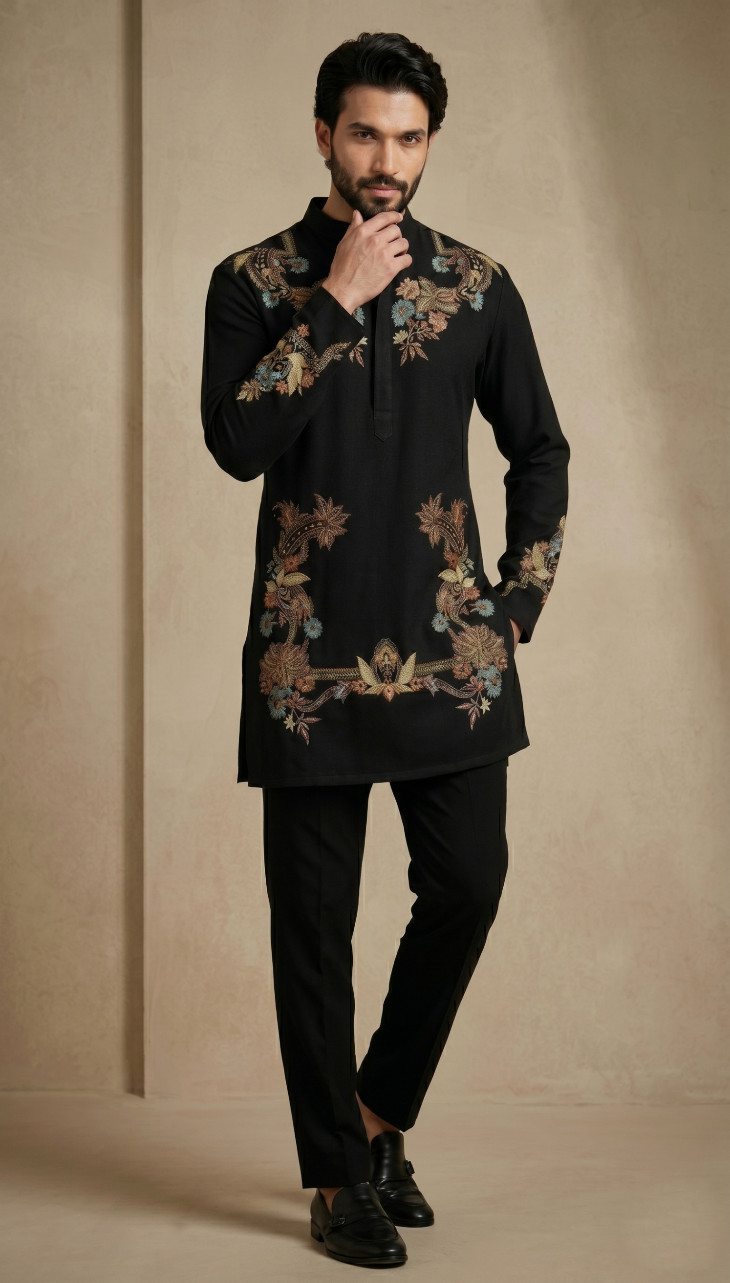 Black Floral Thread Embroidery Armani Kurta Pyjama