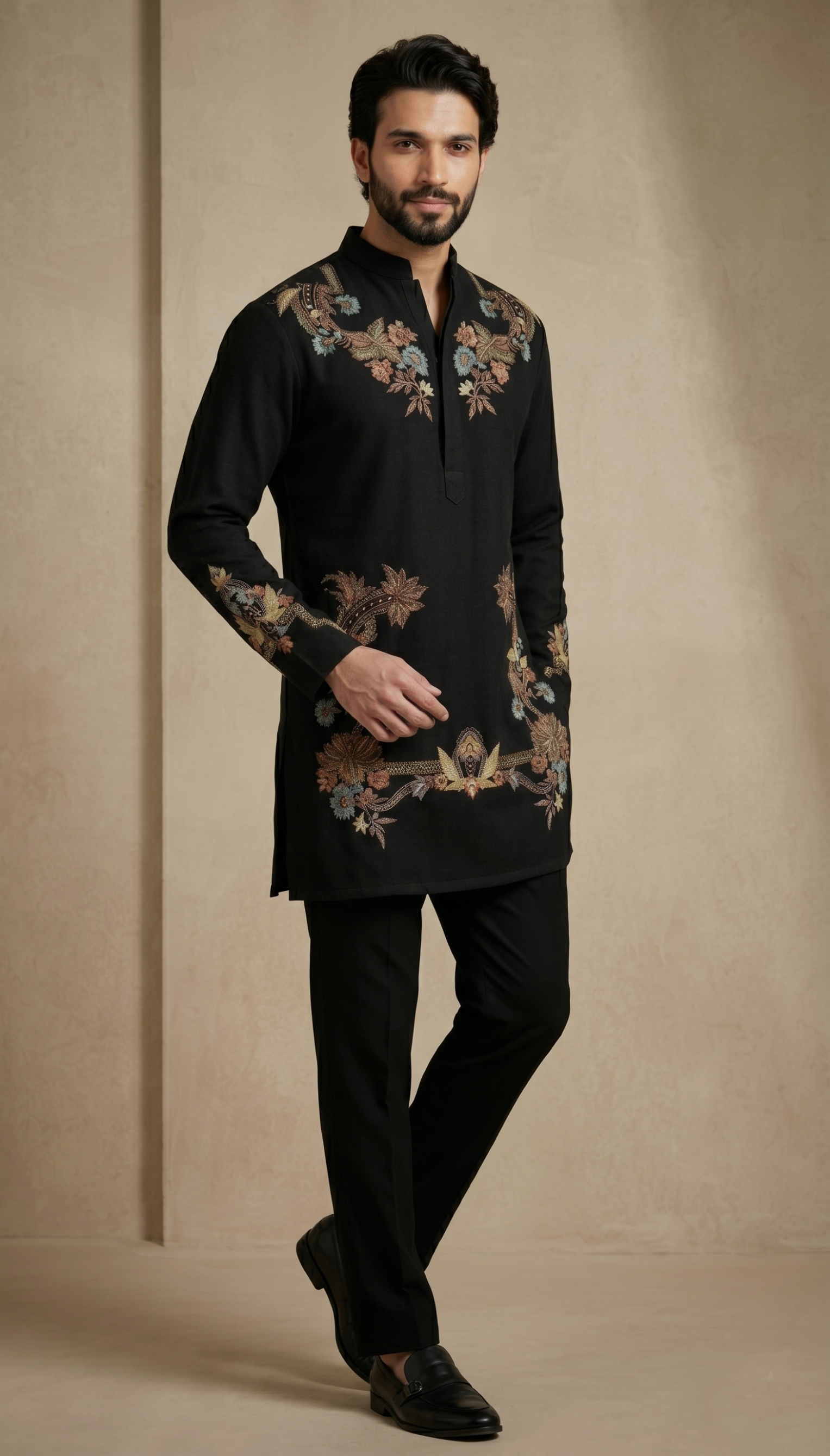 Black Floral Thread Embroidery Armani Kurta Pyjama