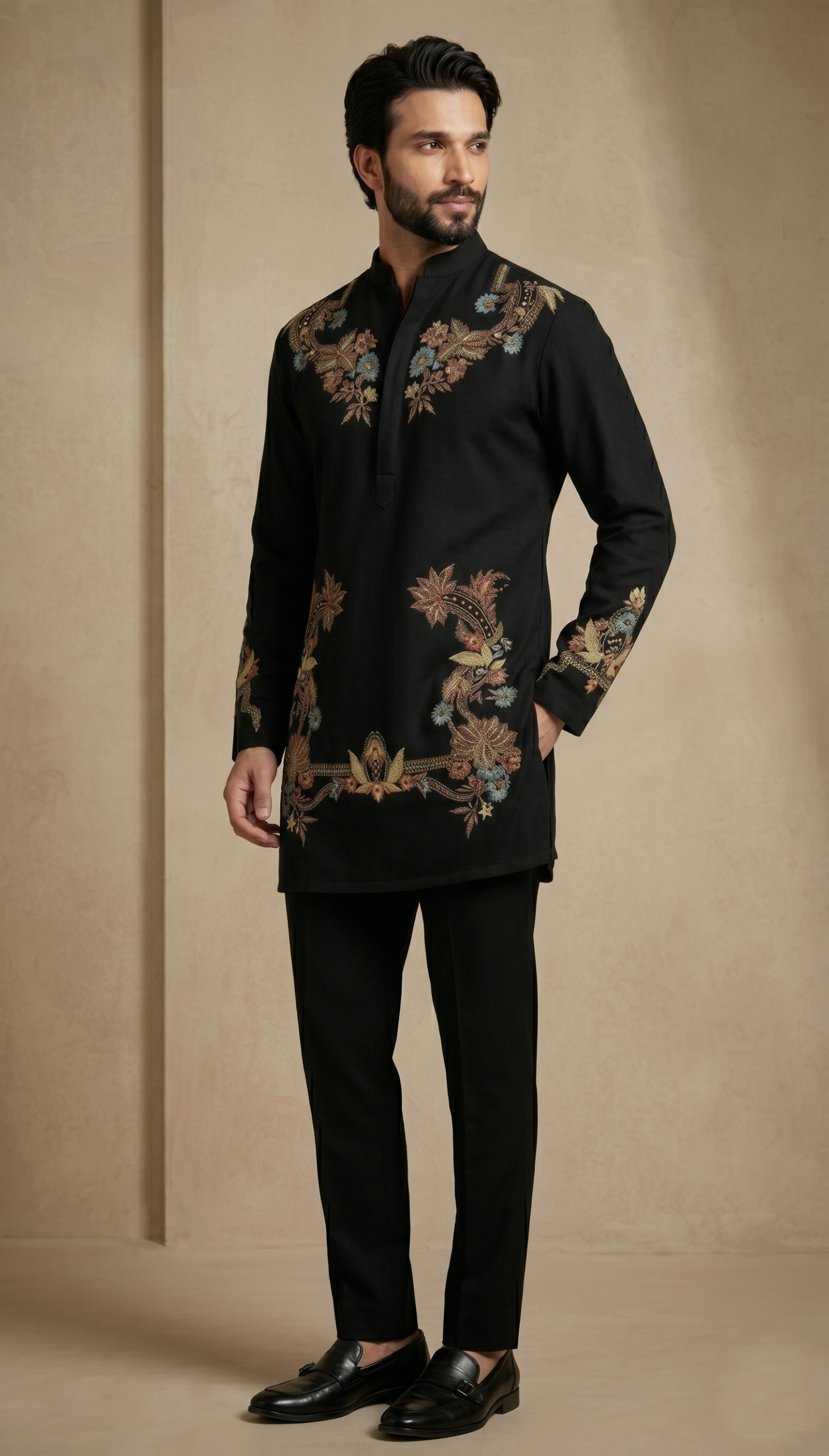 Black Floral Thread Embroidery Armani Kurta Pyjama